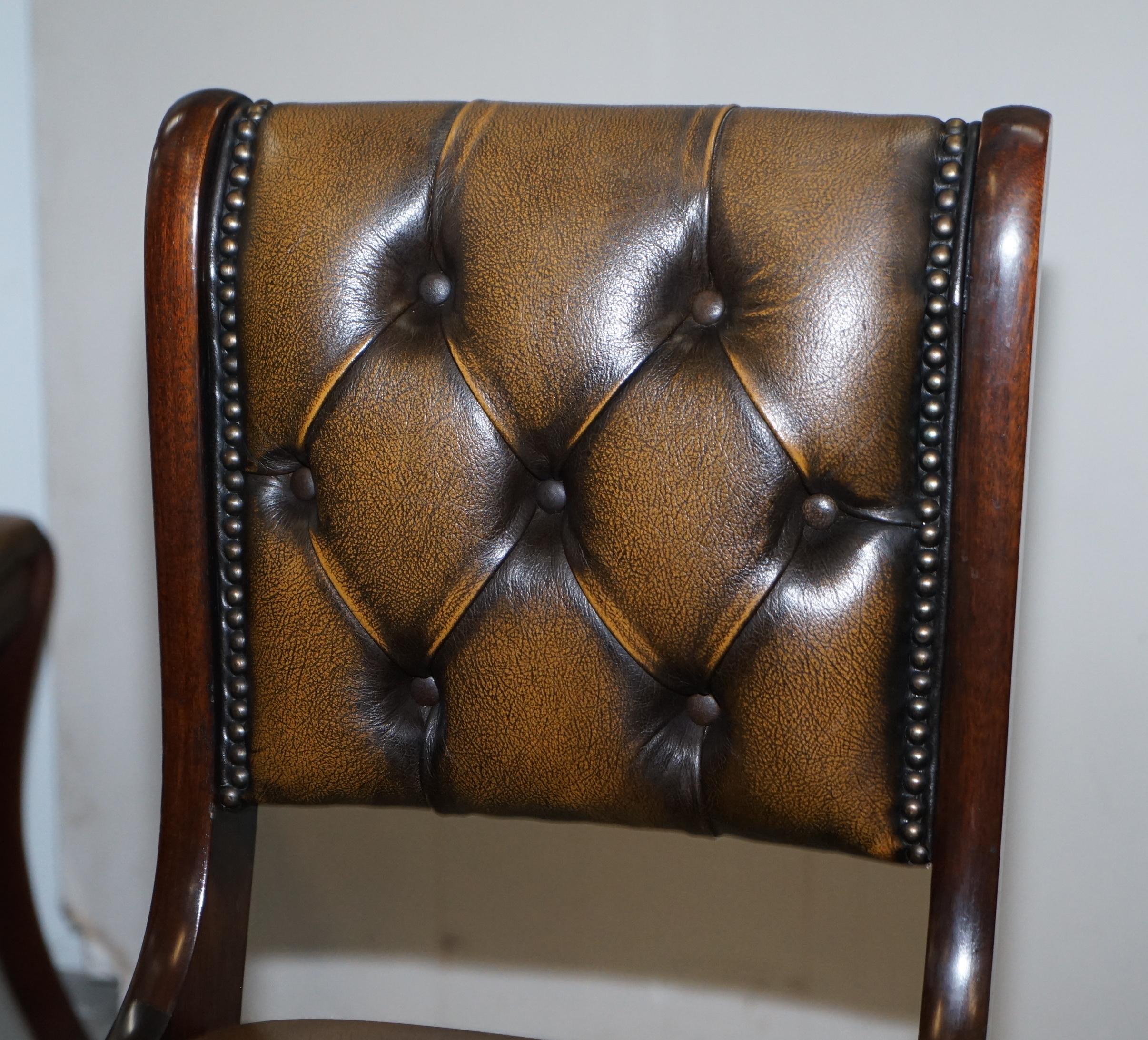 20th Century Suite of Four Aged Pretol Brown Leather & Hardwood Chesterfield Dining Chairs 4