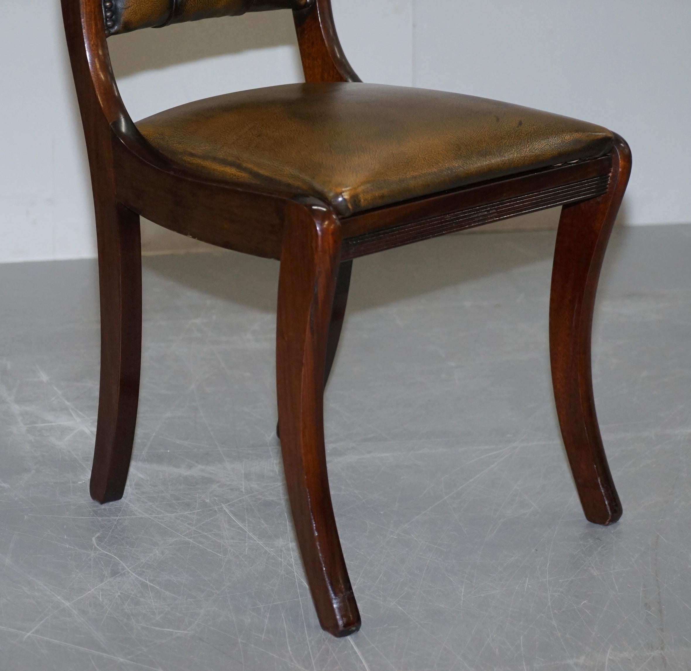 Suite of Four Aged Pretol Brown Leather & Hardwood Chesterfield Dining Chairs 4 1
