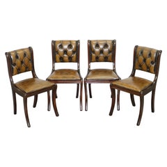 Suite of Four Aged Pretol Brown Leather & Hardwood Chesterfield Dining Chairs 4