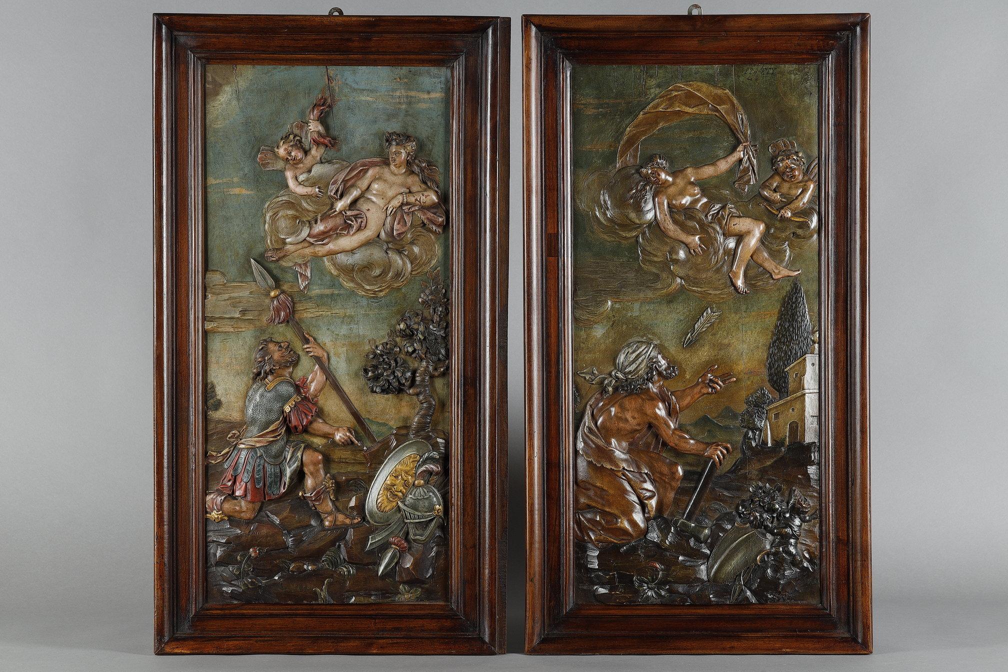 Rare suite of four bas-relief carved and polychromed limewood panels depicting mythological scenes, European work from the first half of the 18th century. The panels depict various mythological scenes related to the goddess Venus (Aphrodite). The
