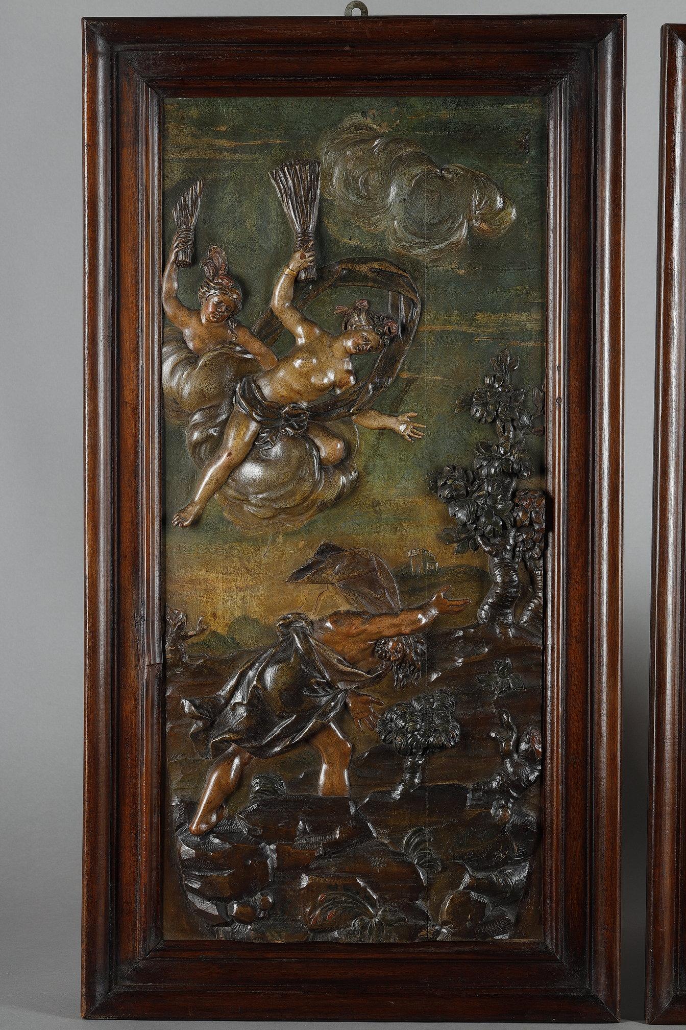 Wood Suite of four carved basswood panels from the 18th century