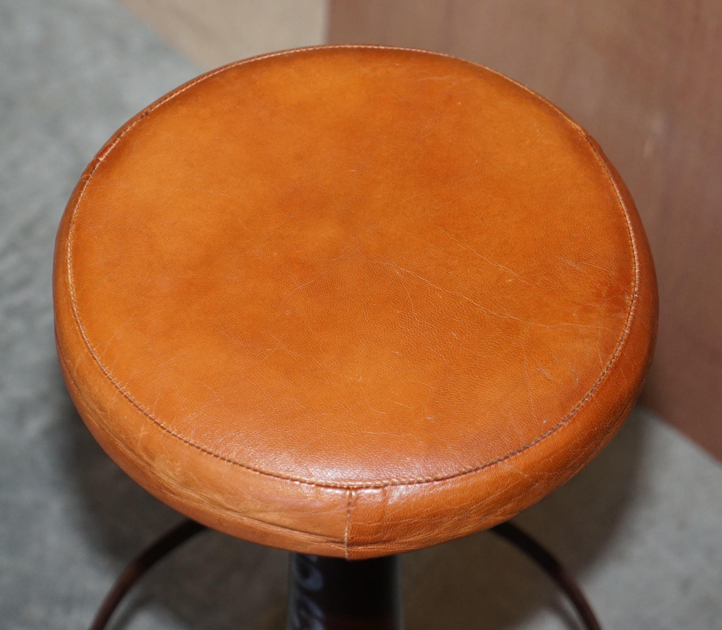 Suite of Four Cast Iron Vintage Singer Bar Stools Brown Leather Seat Pads 4 1
