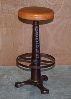 Suite of Four Cast Iron Vintage Singer Bar Stools Brown Leather Seat Pads 4