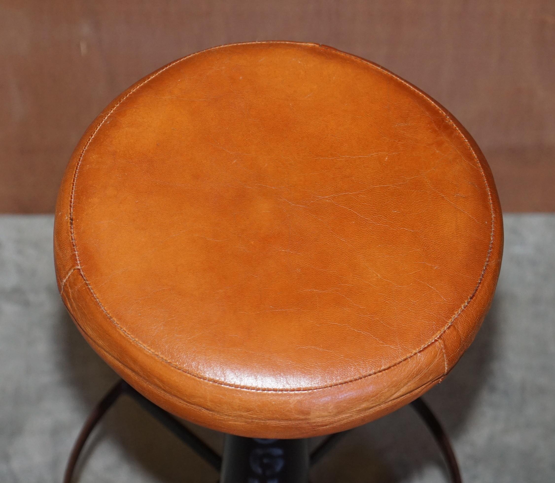 20th Century Suite of Four Cast Iron Vintage Singer Bar Stools Brown Leather Seat Pads 4