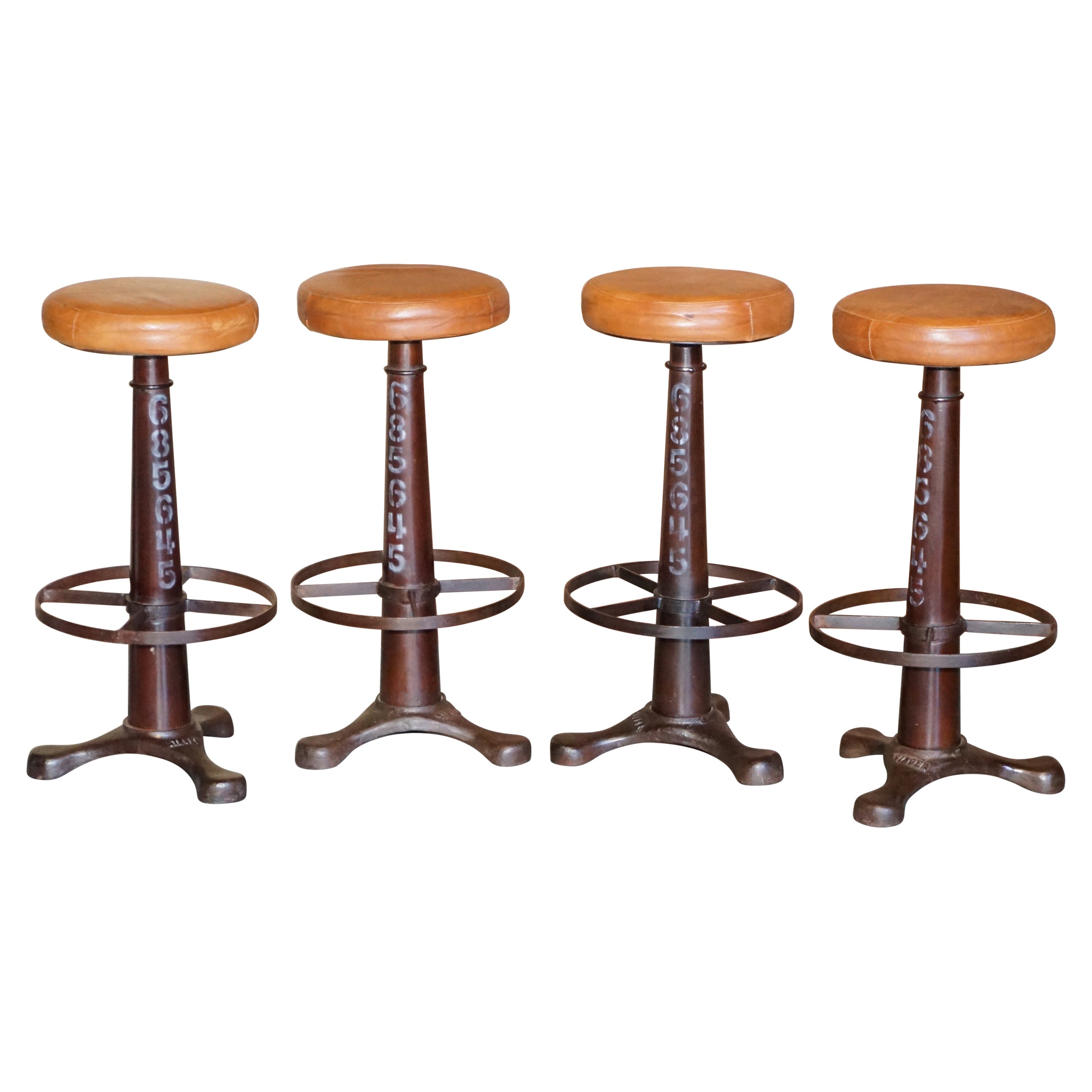 Suite of Four Cast Iron Vintage Singer Bar Stools Brown Leather Seat Pads 4