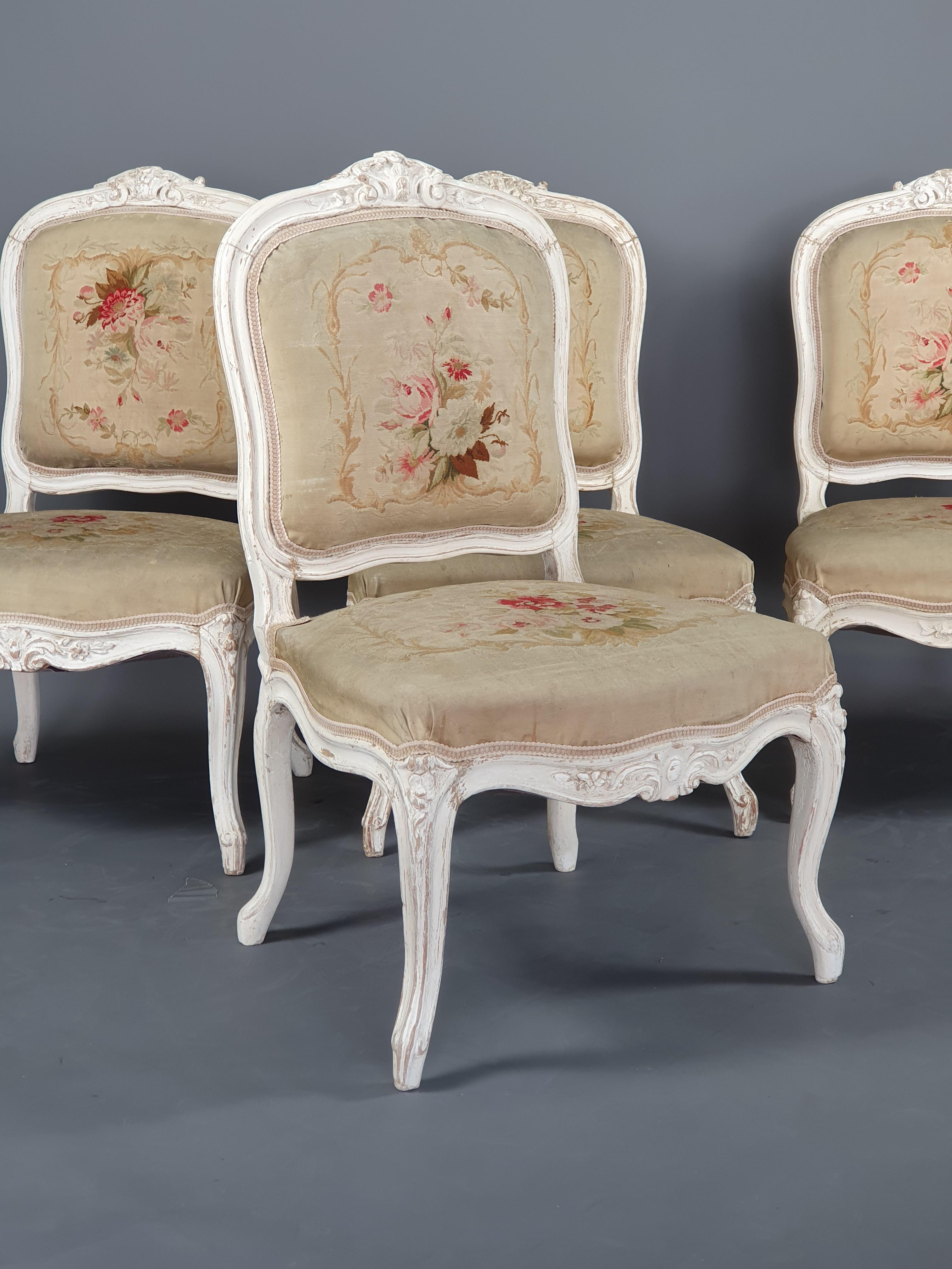 Suite of Four Louis XV Style Fireside Chairs in Lacquered Wood and Aubusson Tape 5