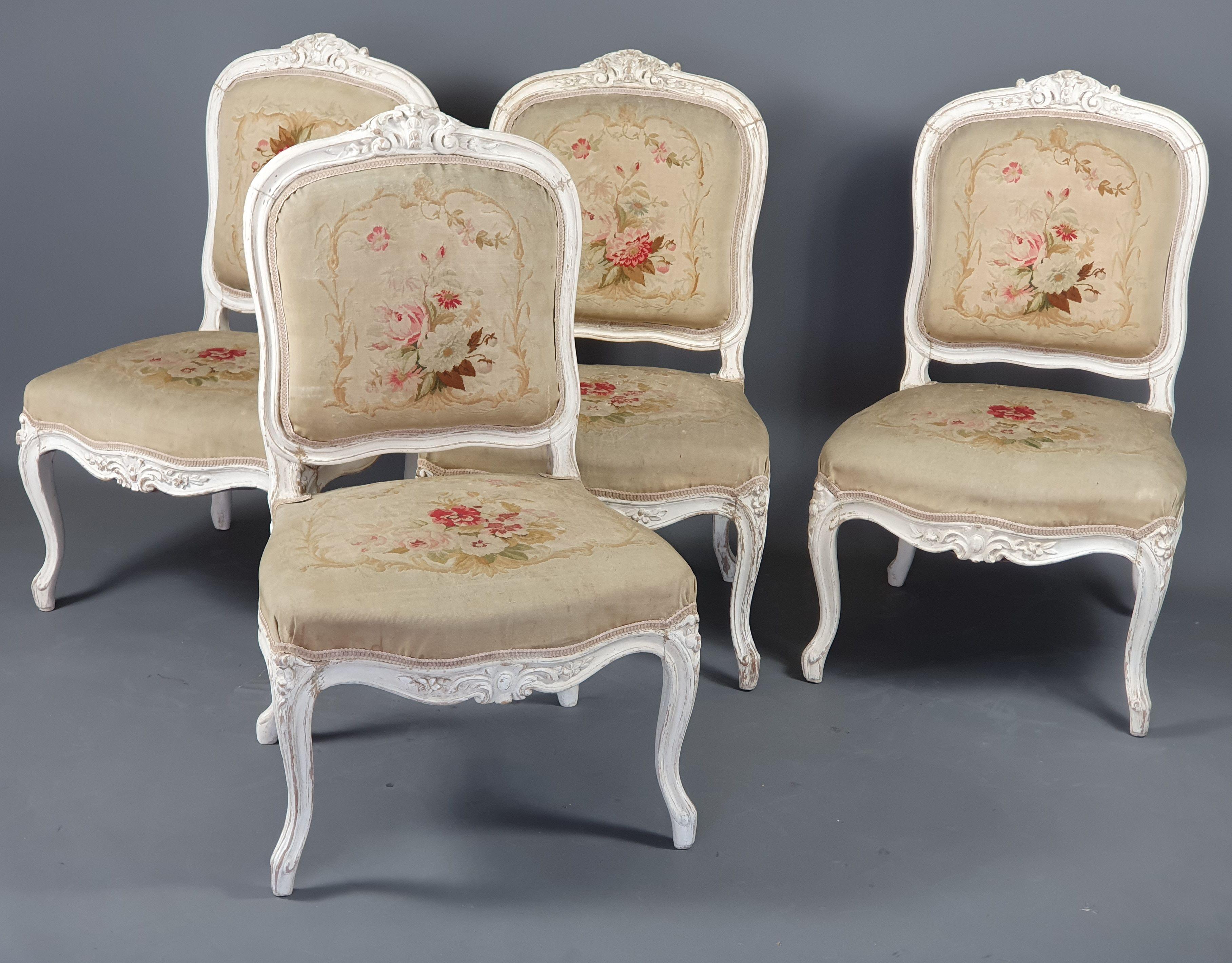 Suite of Four Louis XV Style Fireside Chairs in Lacquered Wood and Aubusson Tape 6