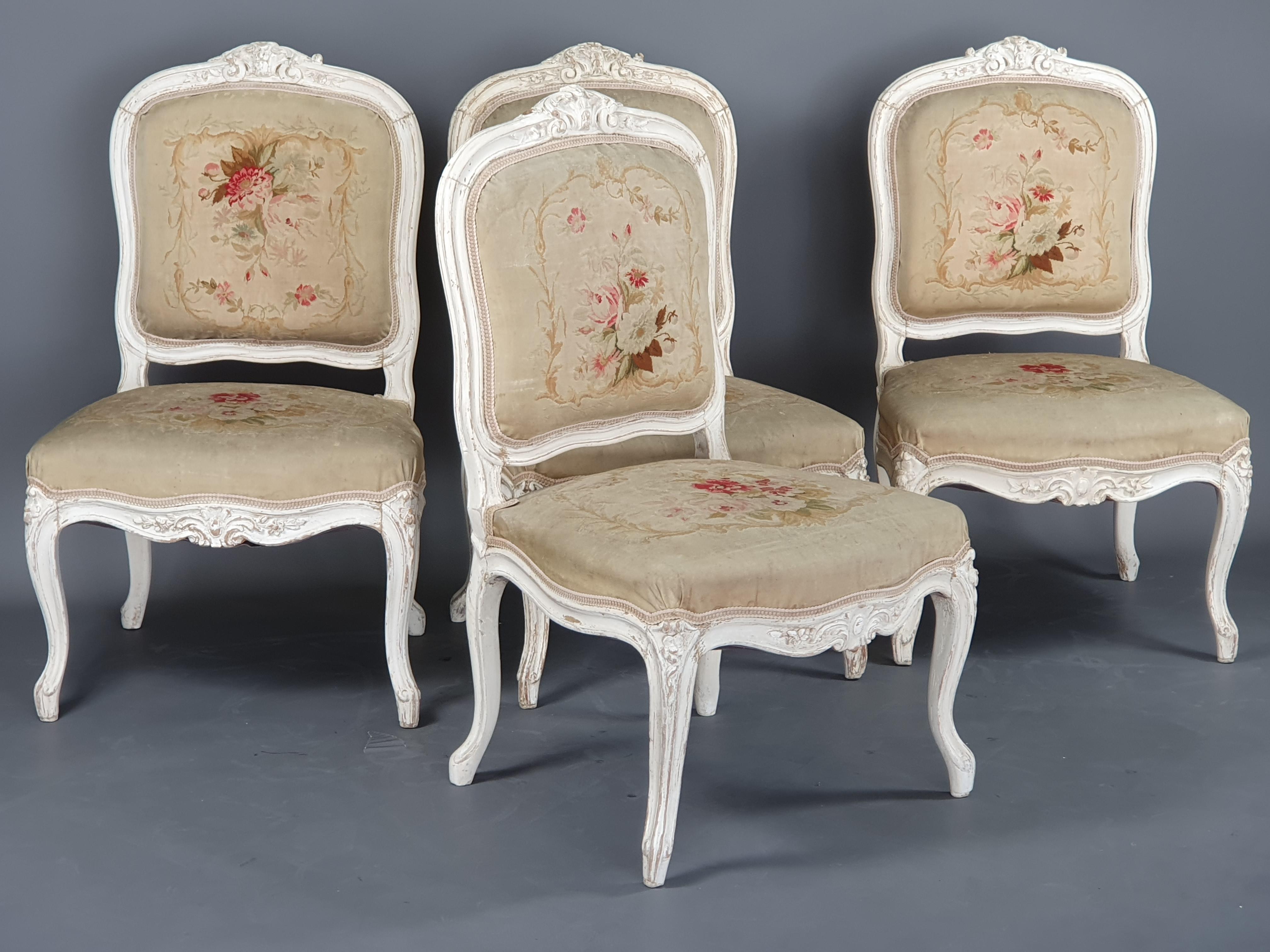 French Suite of Four Louis XV Style Fireside Chairs in Lacquered Wood and Aubusson Tape