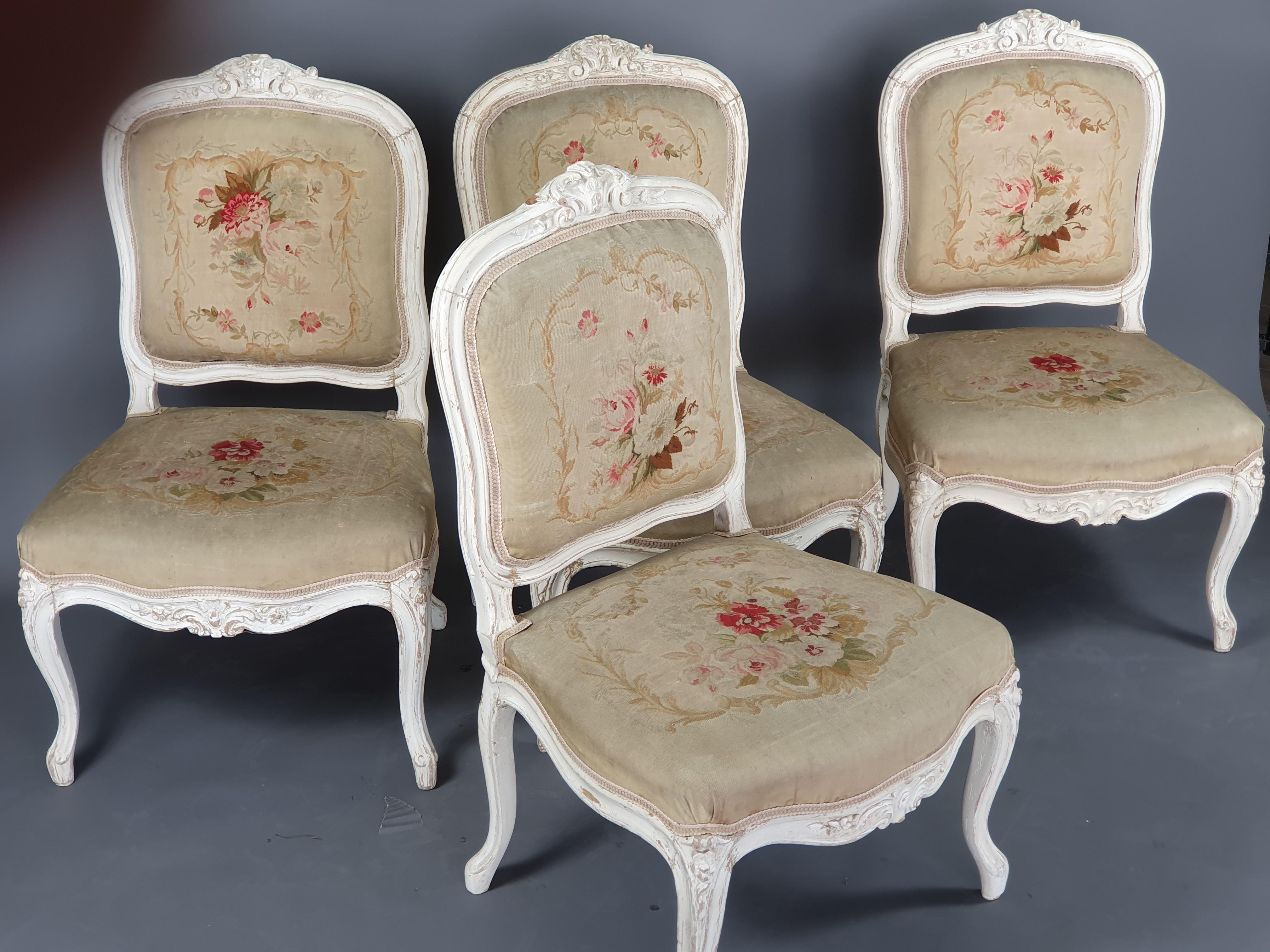 19th Century Suite of Four Louis XV Style Fireside Chairs in Lacquered Wood and Aubusson Tape