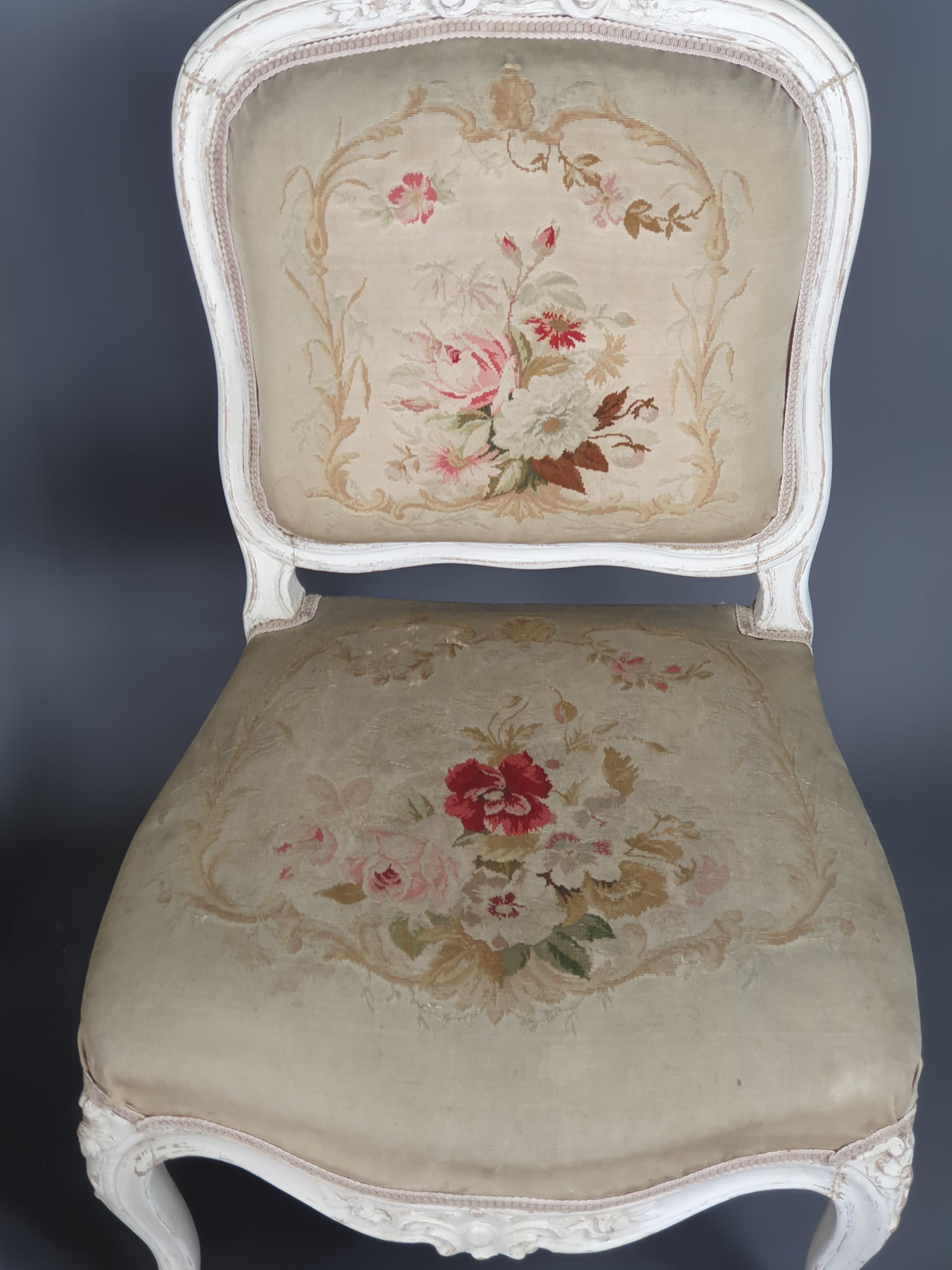 Tapestry Suite of Four Louis XV Style Fireside Chairs in Lacquered Wood and Aubusson Tape