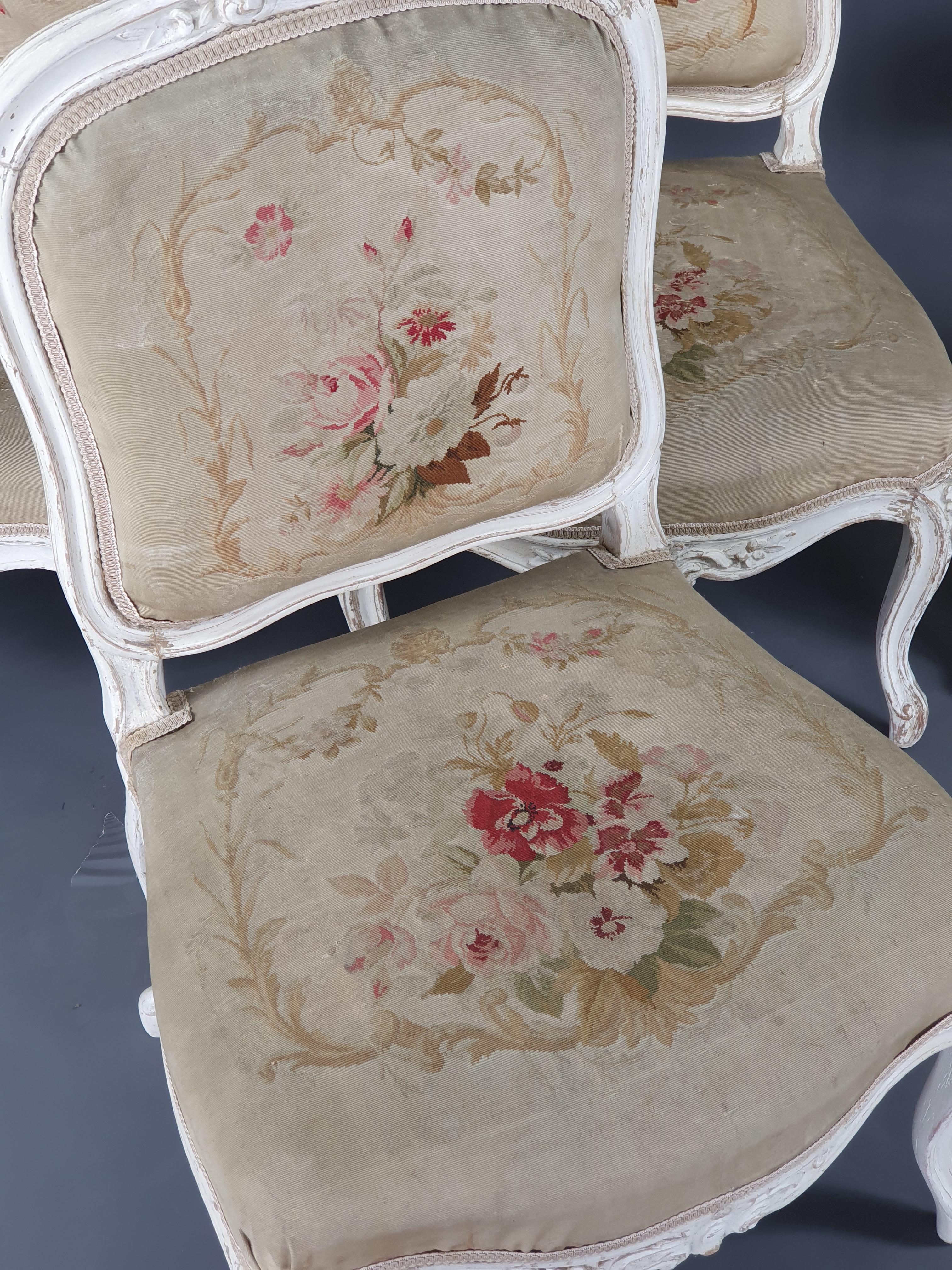 Suite of Four Louis XV Style Fireside Chairs in Lacquered Wood and Aubusson Tape 2