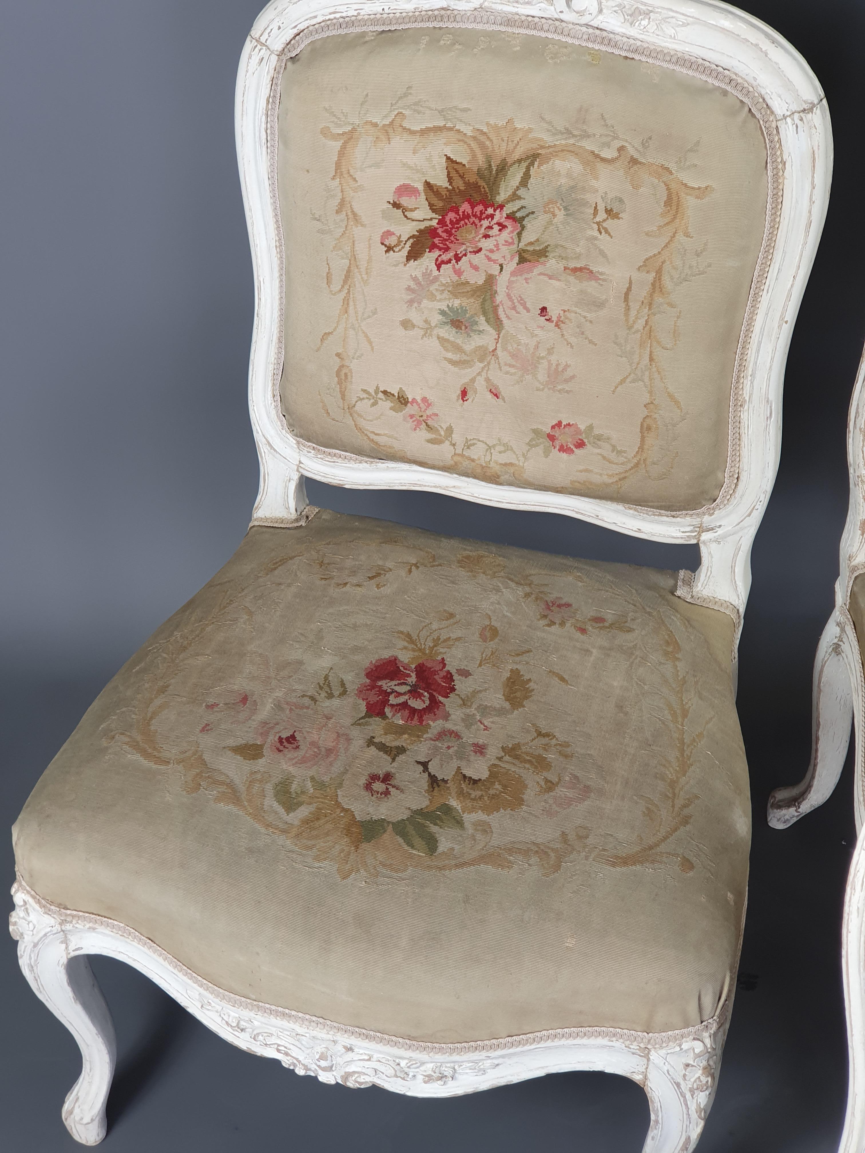 Suite of Four Louis XV Style Fireside Chairs in Lacquered Wood and Aubusson Tape 3
