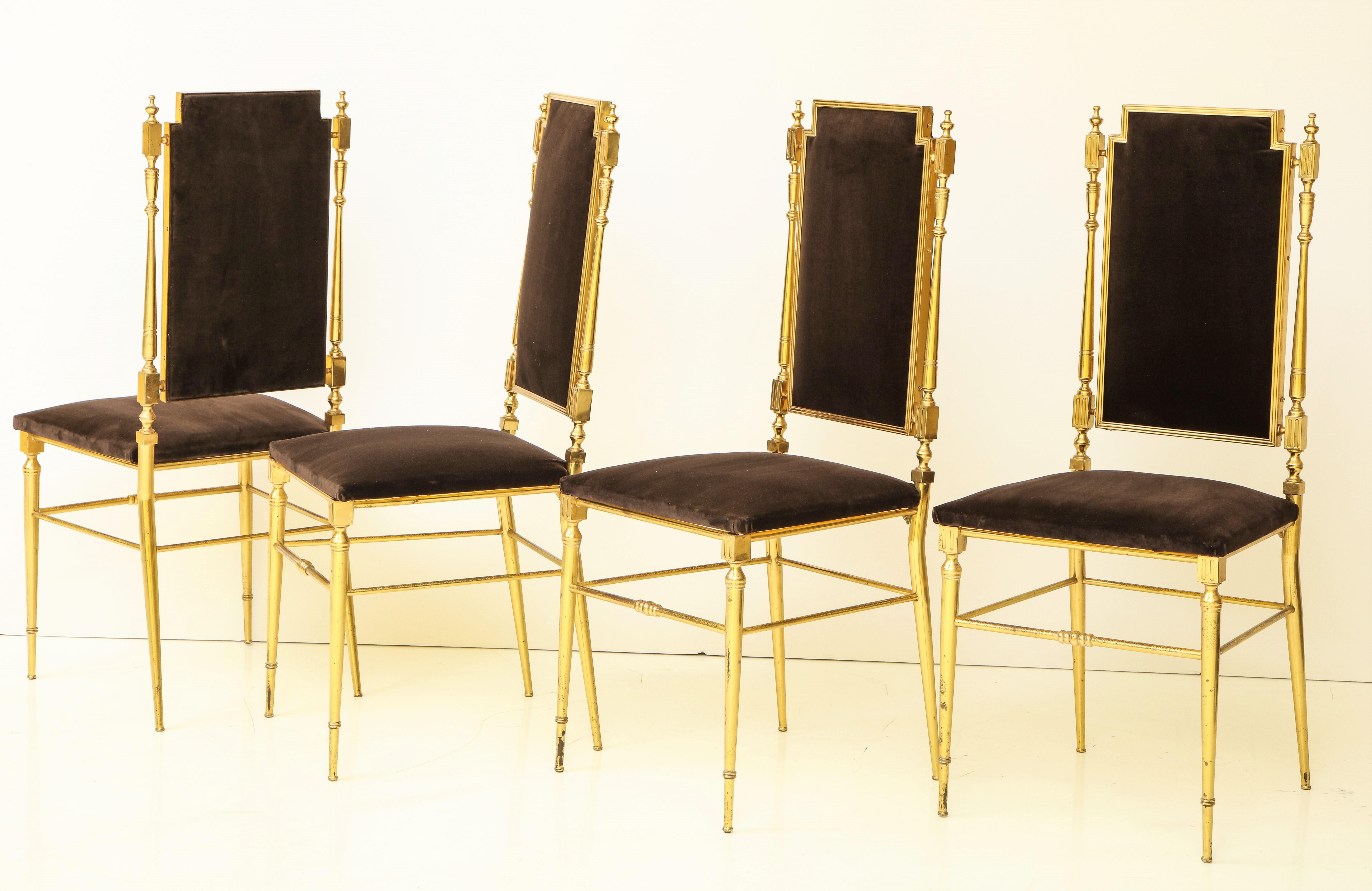 Italian Suite of Four Solid Brass Chiavari Chairs, Italy, 1970s