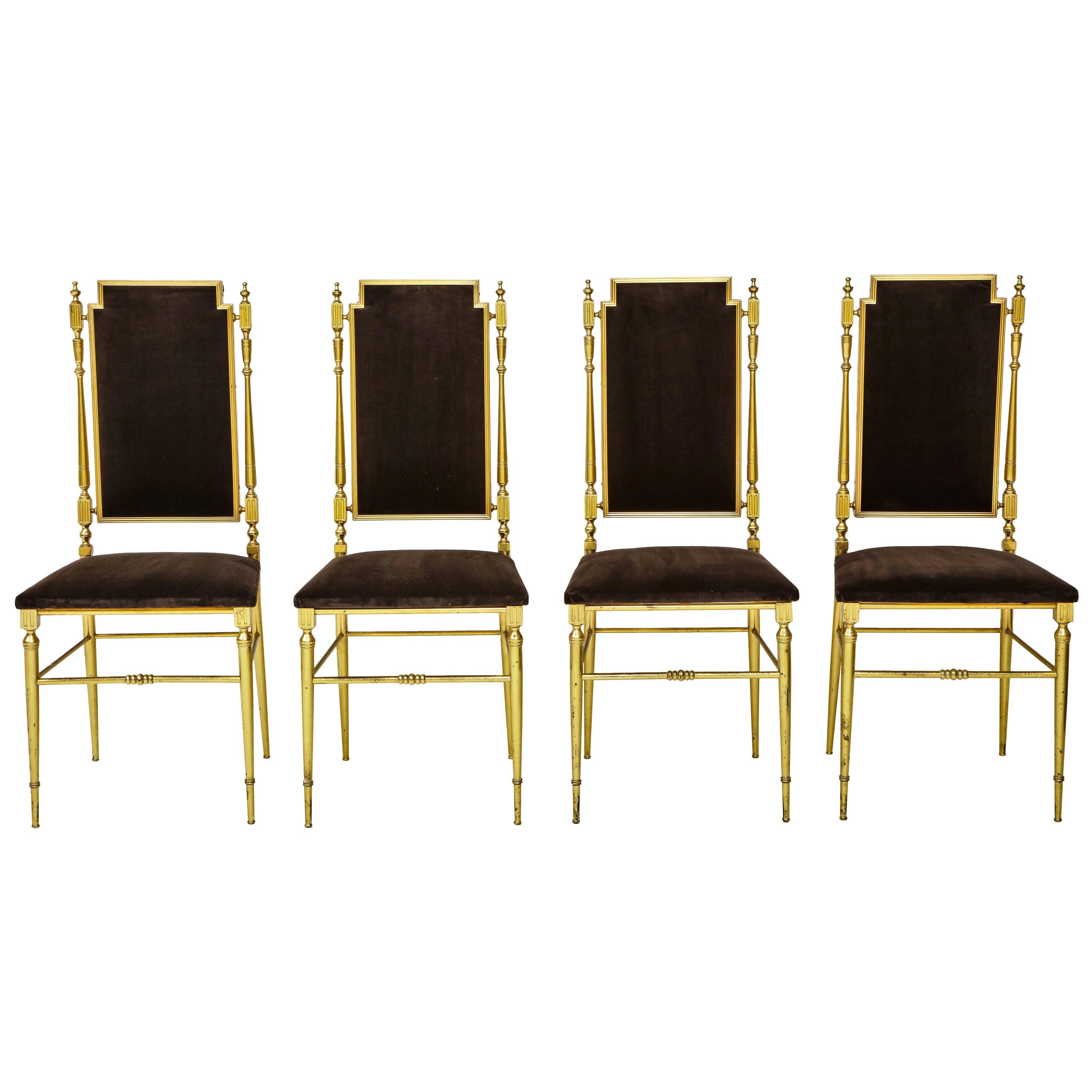 Suite of Four Solid Brass Chiavari Chairs, Italy, 1970s