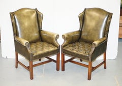 Suite of Four Vintage Green Leather Chesterfield Wingback Armchairs from Wade