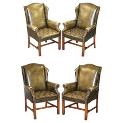 Suite of Four Vintage Green Leather Chesterfield Wingback Armchairs from Wade