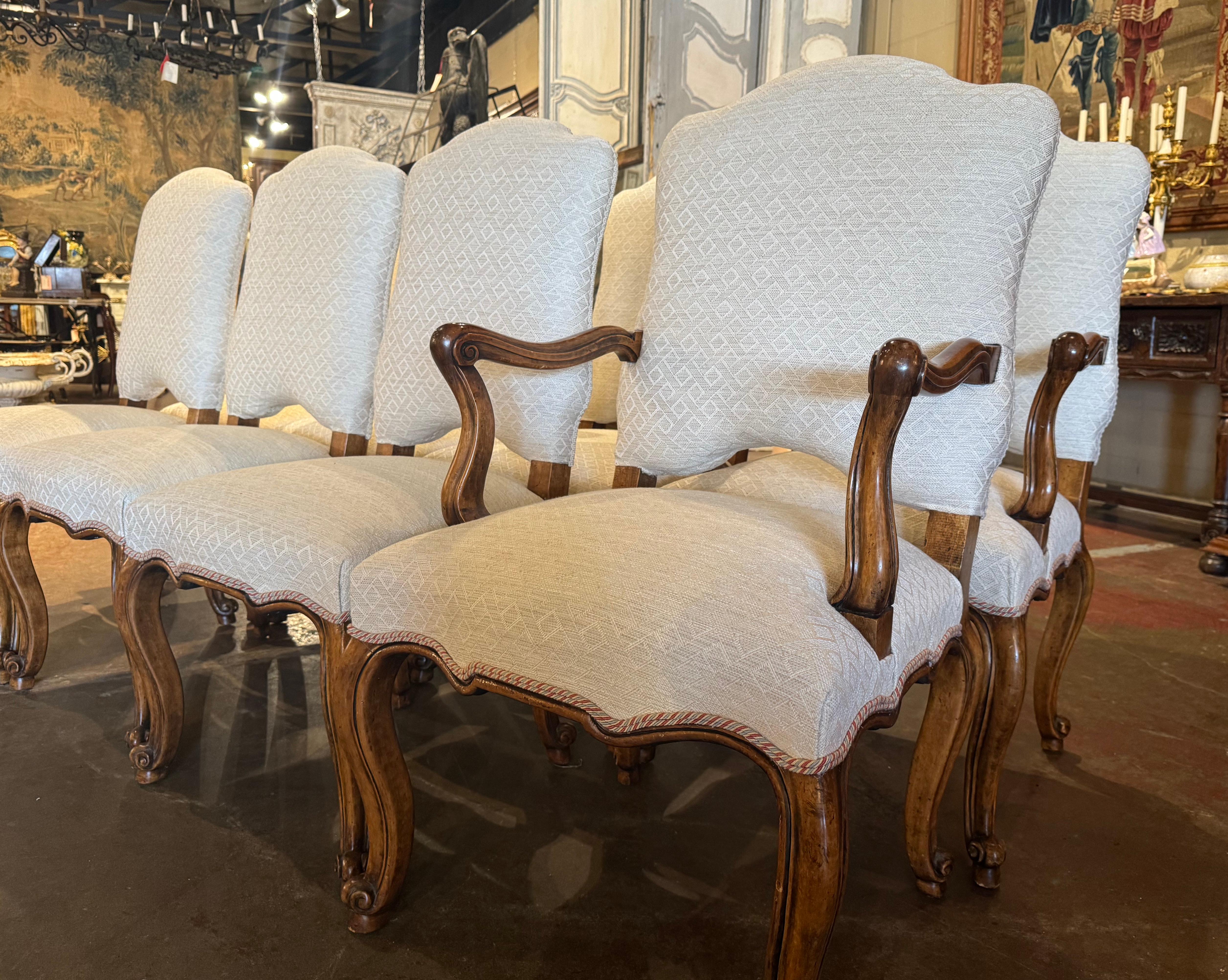 Hand-Carved Suite of French Louis XV Carved Walnut Dining Chairs, Set of Eight