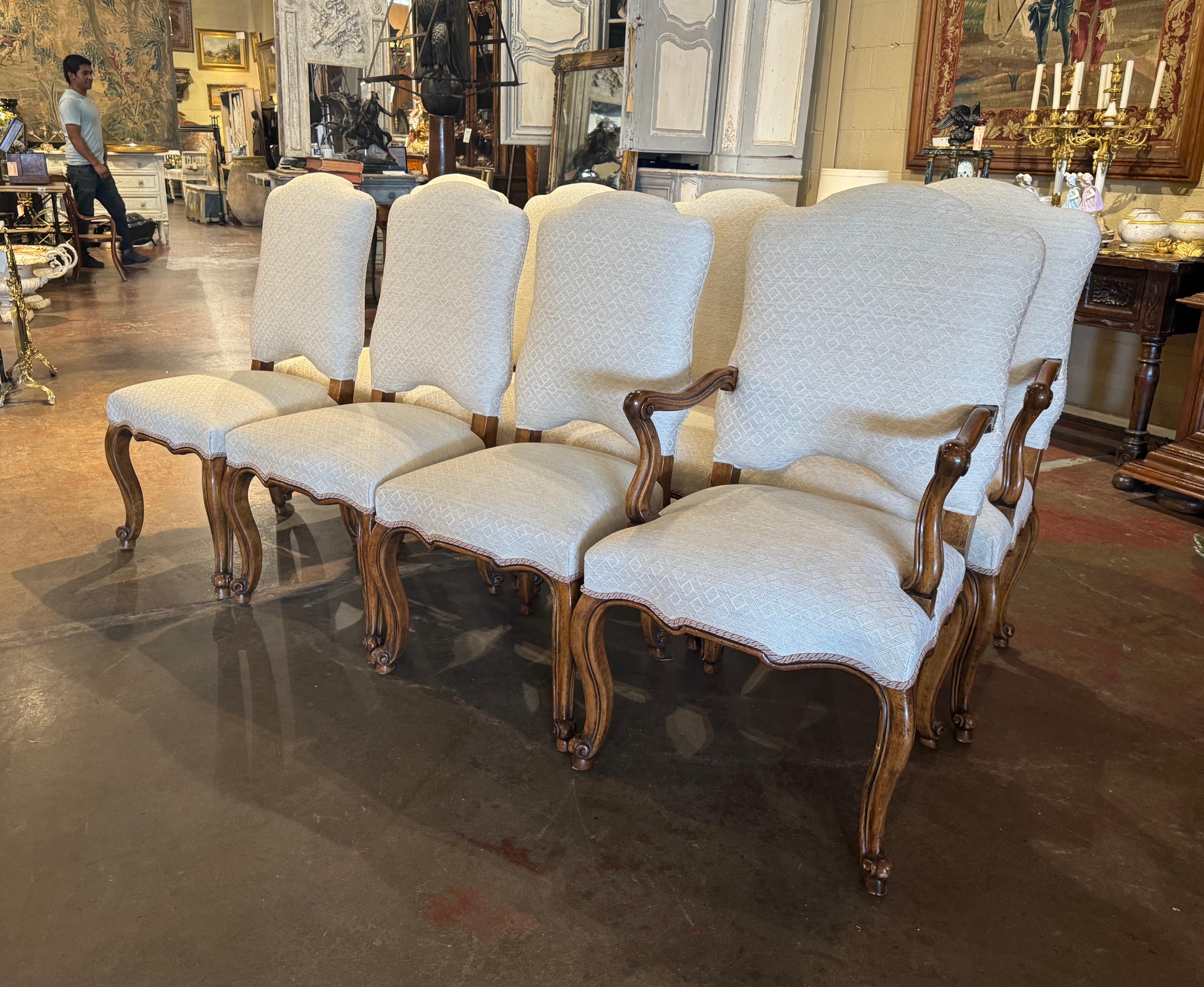 20th Century Suite of French Louis XV Carved Walnut Dining Chairs, Set of Eight
