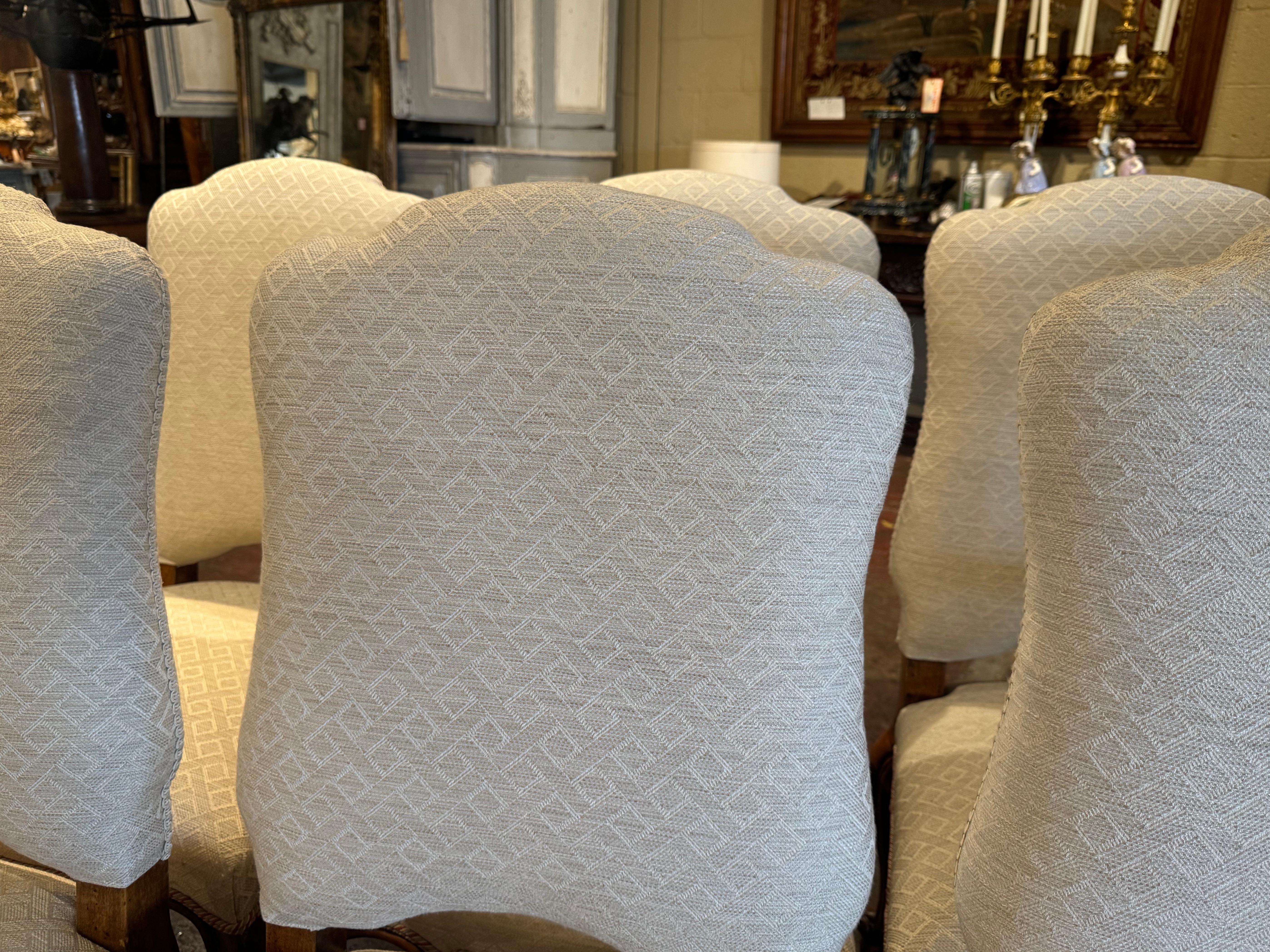 Fabric Suite of French Louis XV Carved Walnut Dining Chairs, Set of Eight