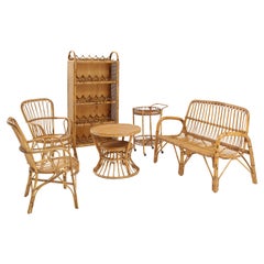 Suite of Italian Rattan Furniture, Settee, Pair of Chairs, Wine Shelf, Bar Cart