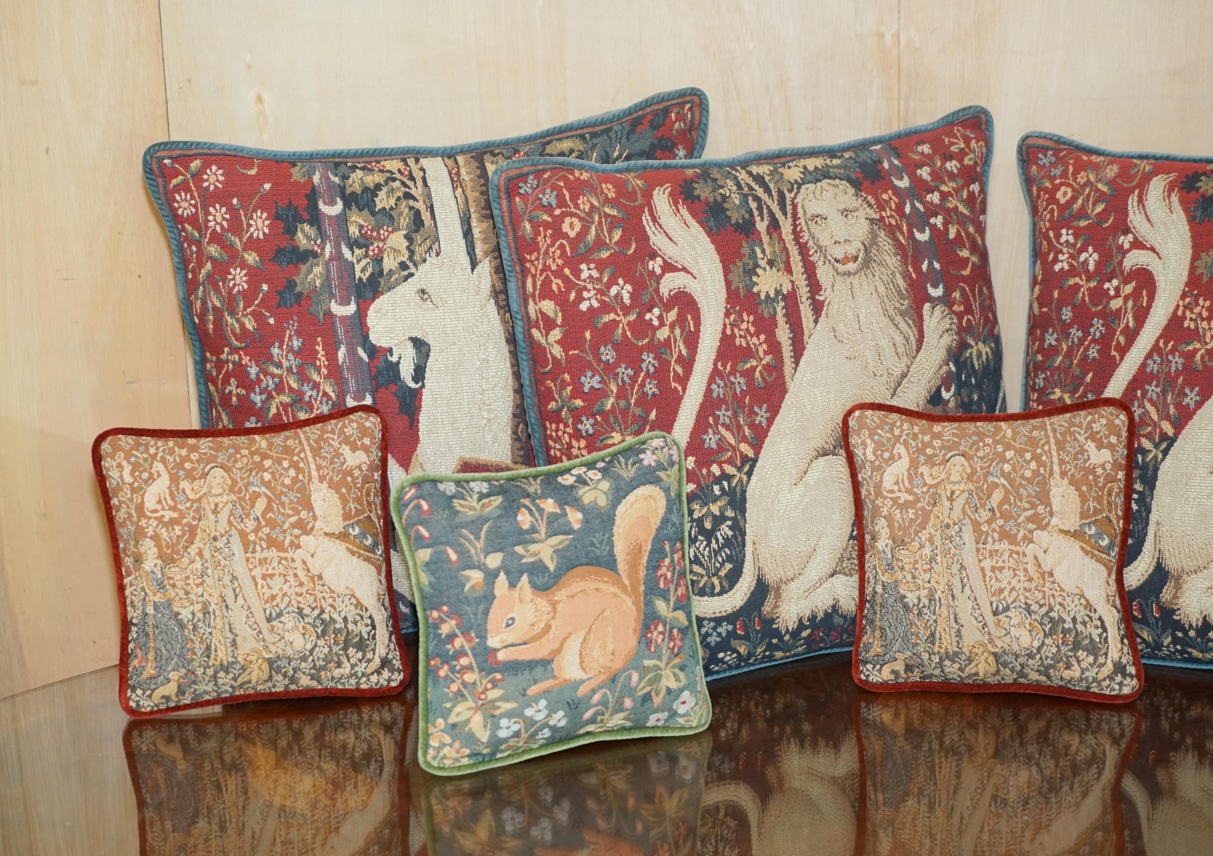We are delighted to offer for sale this stunning suite of nine vintage French style cushions all with heavily detailed embroidered finish

A lovely selection they look very William Morris Forest Linen

These beautiful tapestry cushions are