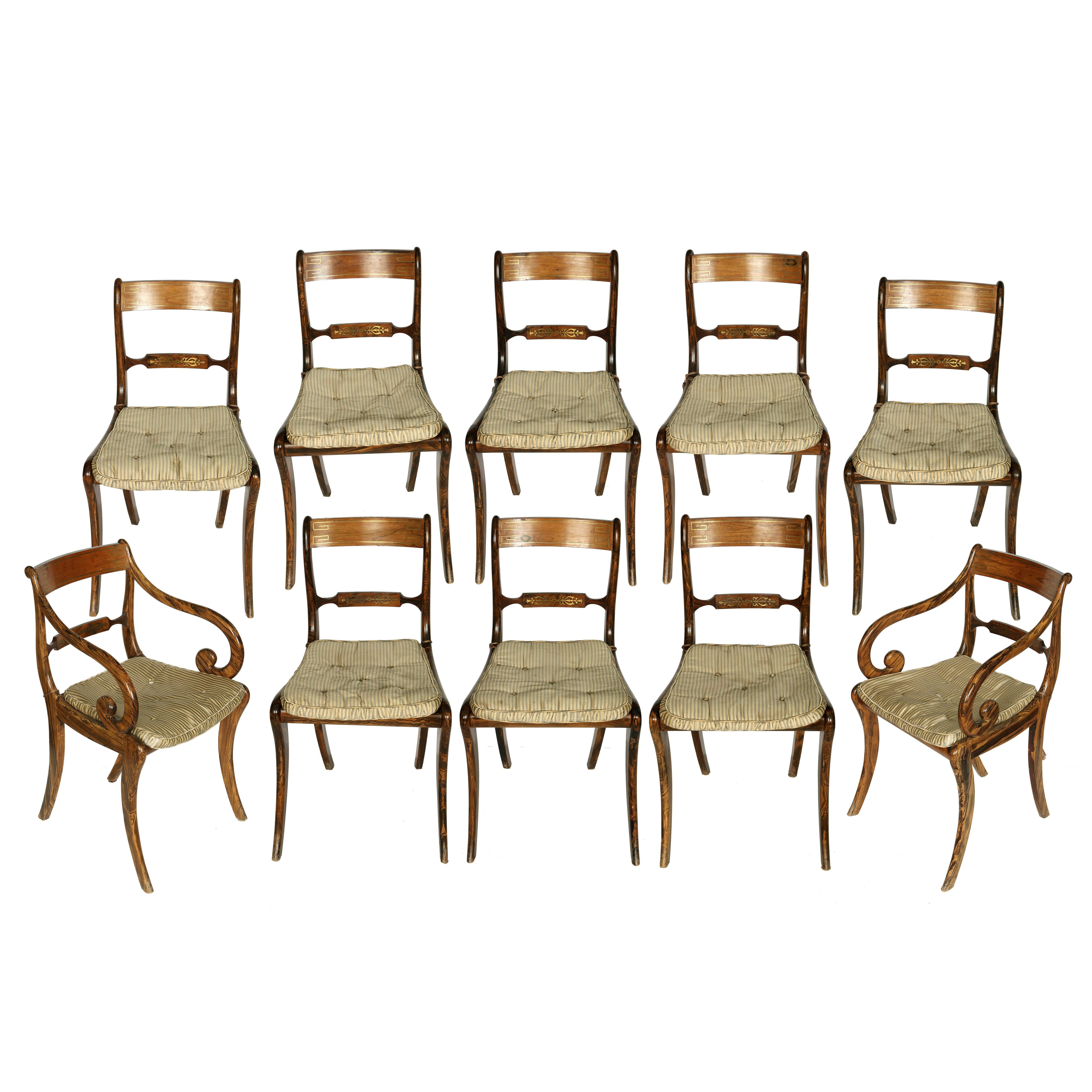 Brass Suite of Regency Grain-Painted Dining Chairs 