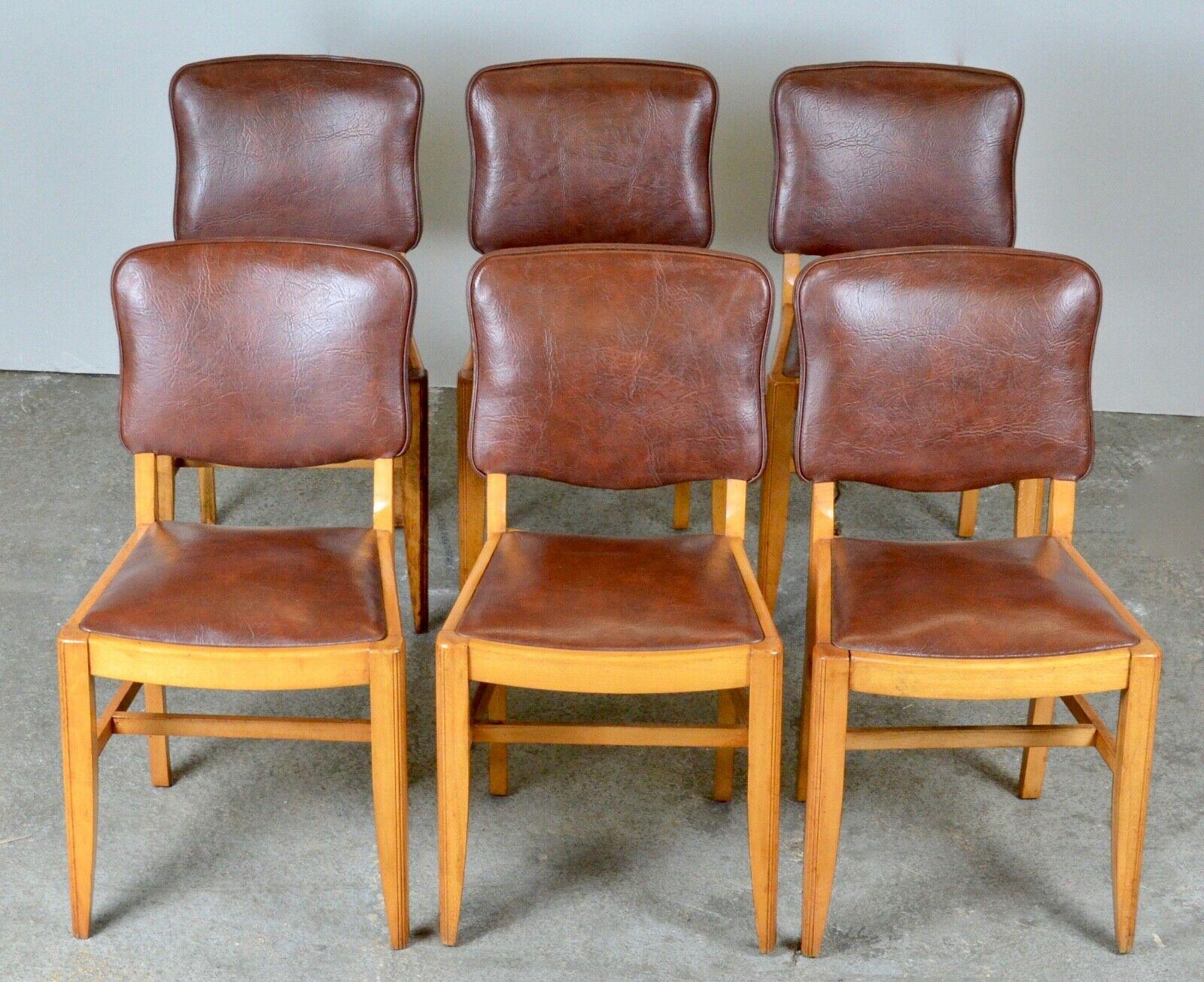 Mid-Century Modern Suite of Six Antique Brown Leather & Walnut Dining Chairs For Sale