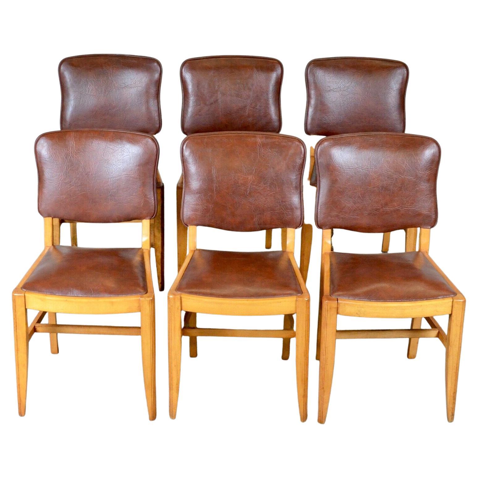 Suite of Six Antique Brown Leather & Walnut Dining Chairs For Sale