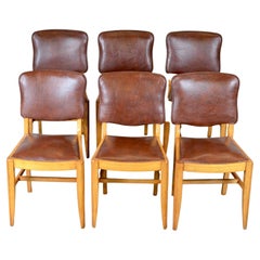 Suite of Six Vintage Brown Leather & Walnut Dining Chairs