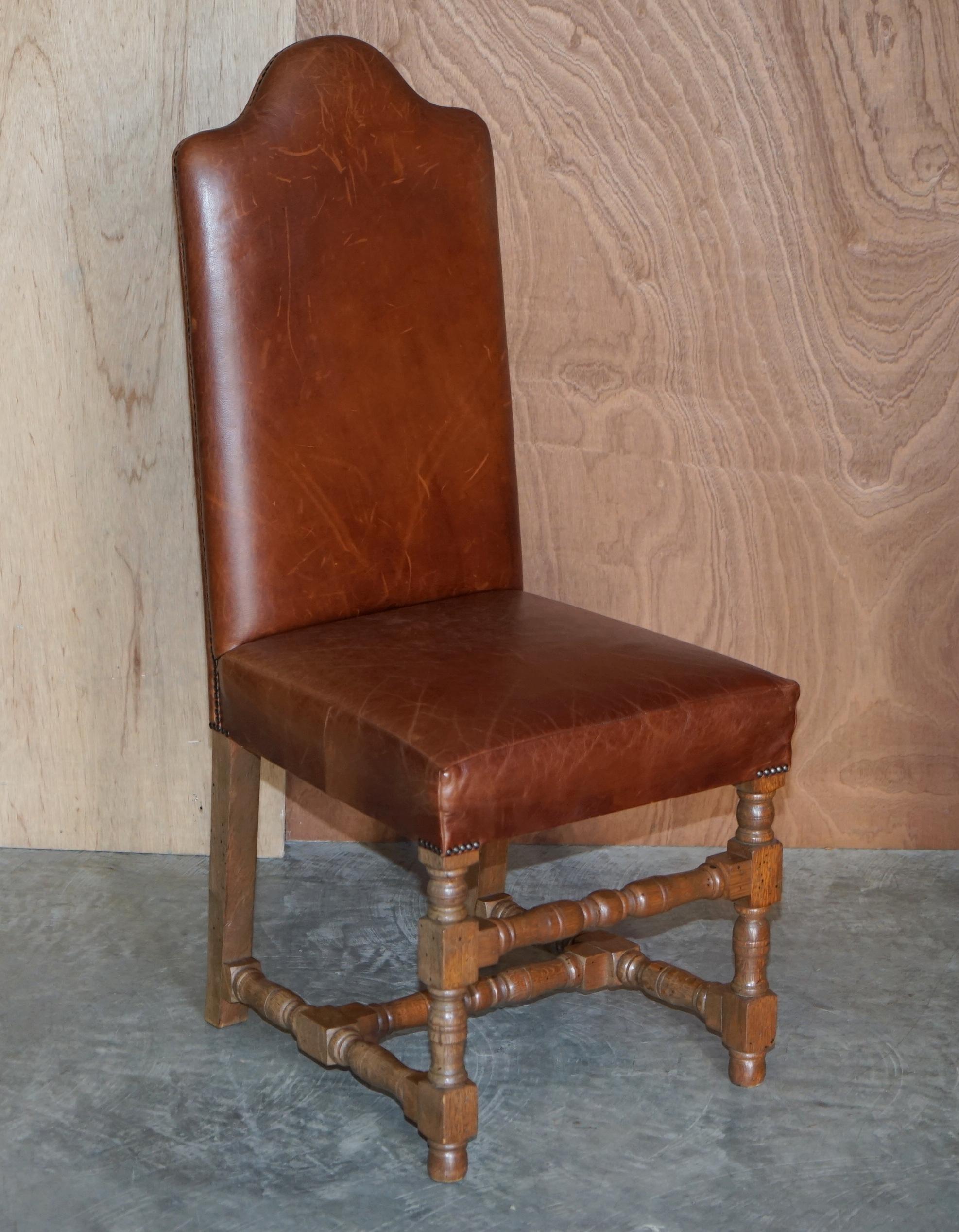 Suite of Six Antique Oak & Heritage Leather Cromwellian Dining Chairs High Backs For Sale 2
