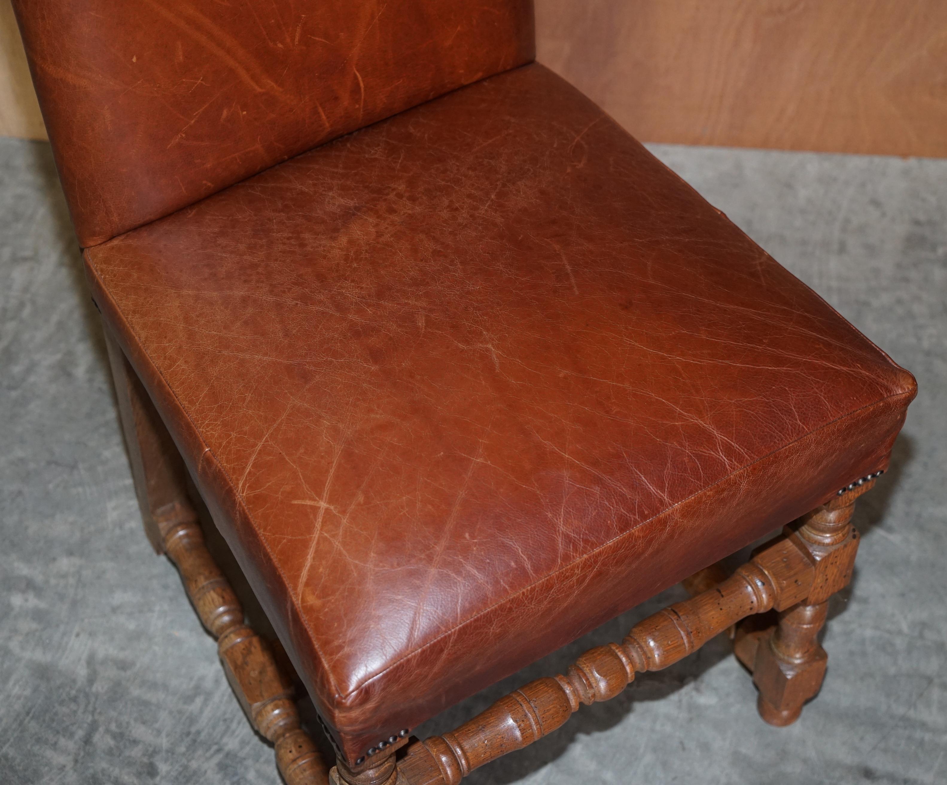 Suite of Six Antique Oak & Heritage Leather Cromwellian Dining Chairs High Backs For Sale 4