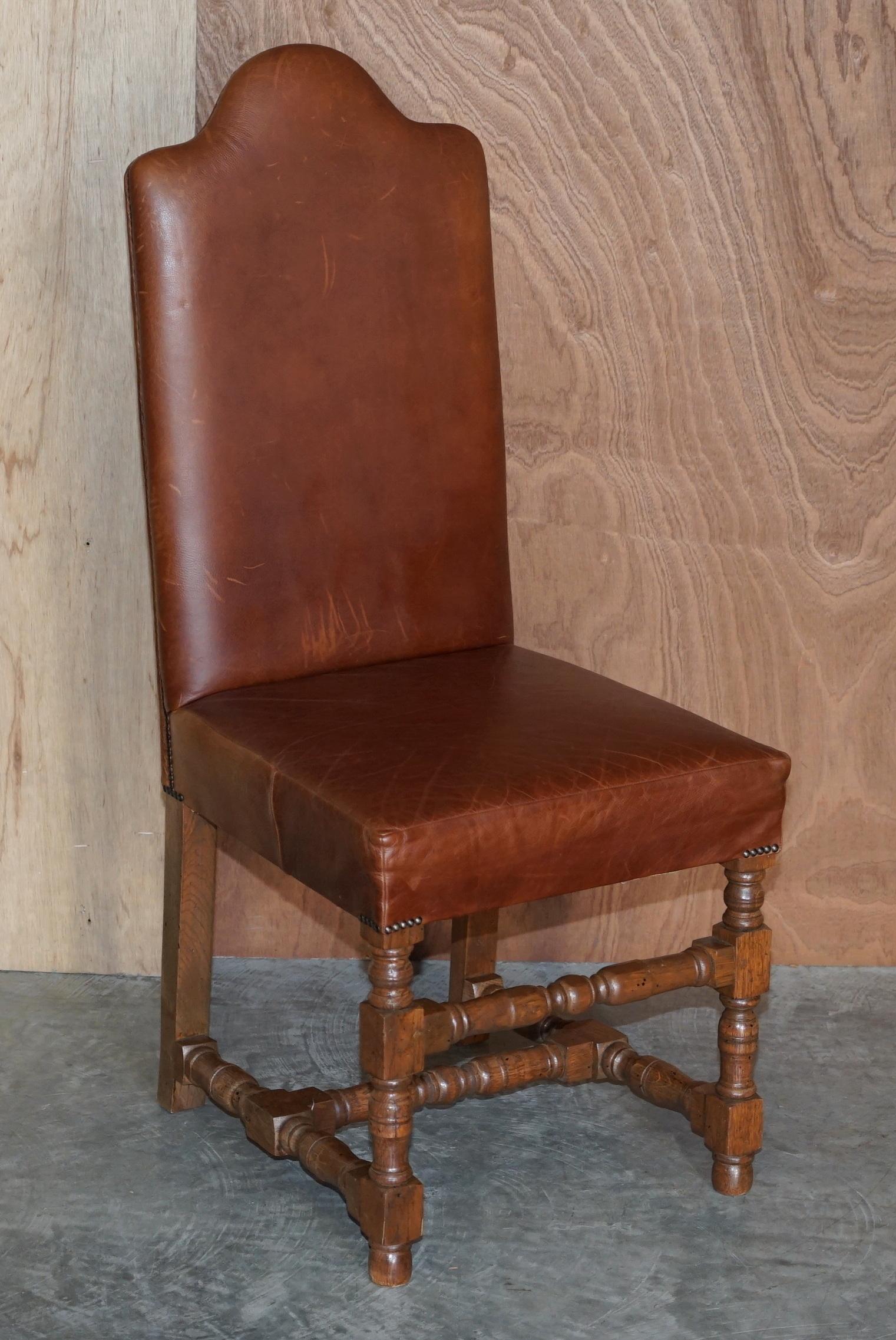 Suite of Six Antique Oak & Heritage Leather Cromwellian Dining Chairs High Backs For Sale 5