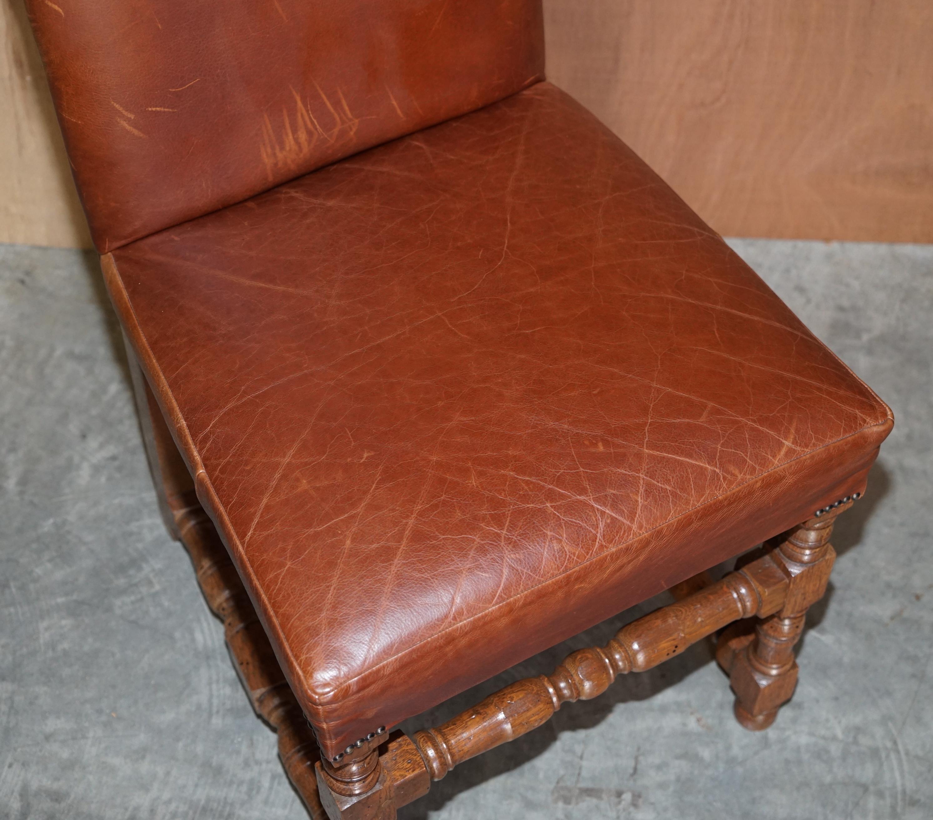 Suite of Six Antique Oak & Heritage Leather Cromwellian Dining Chairs High Backs For Sale 7