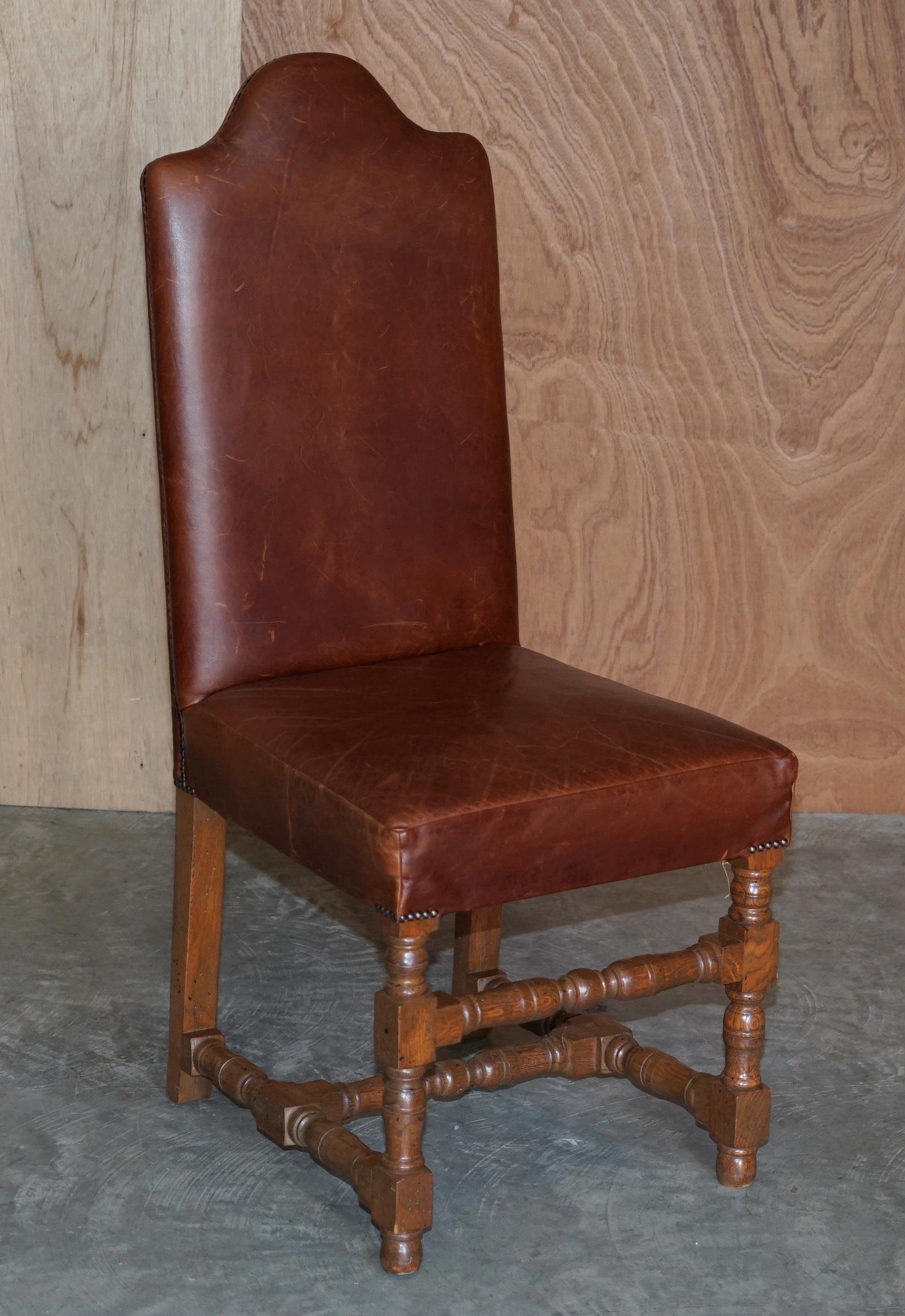 Suite of Six Antique Oak & Heritage Leather Cromwellian Dining Chairs High Backs For Sale 8