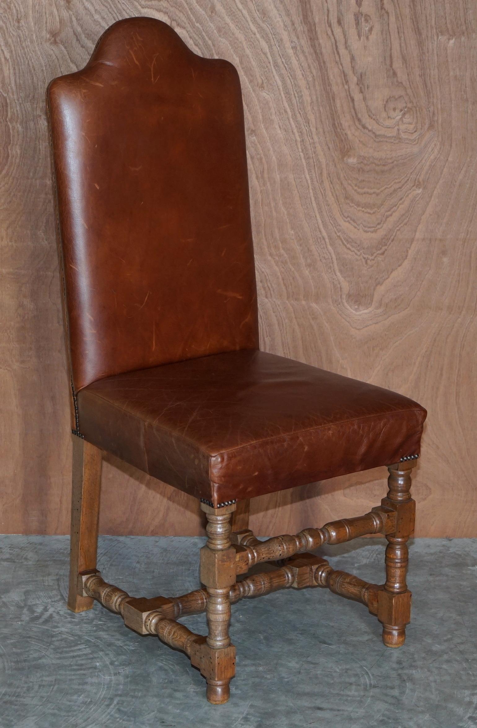 Suite of Six Antique Oak & Heritage Leather Cromwellian Dining Chairs High Backs For Sale 9