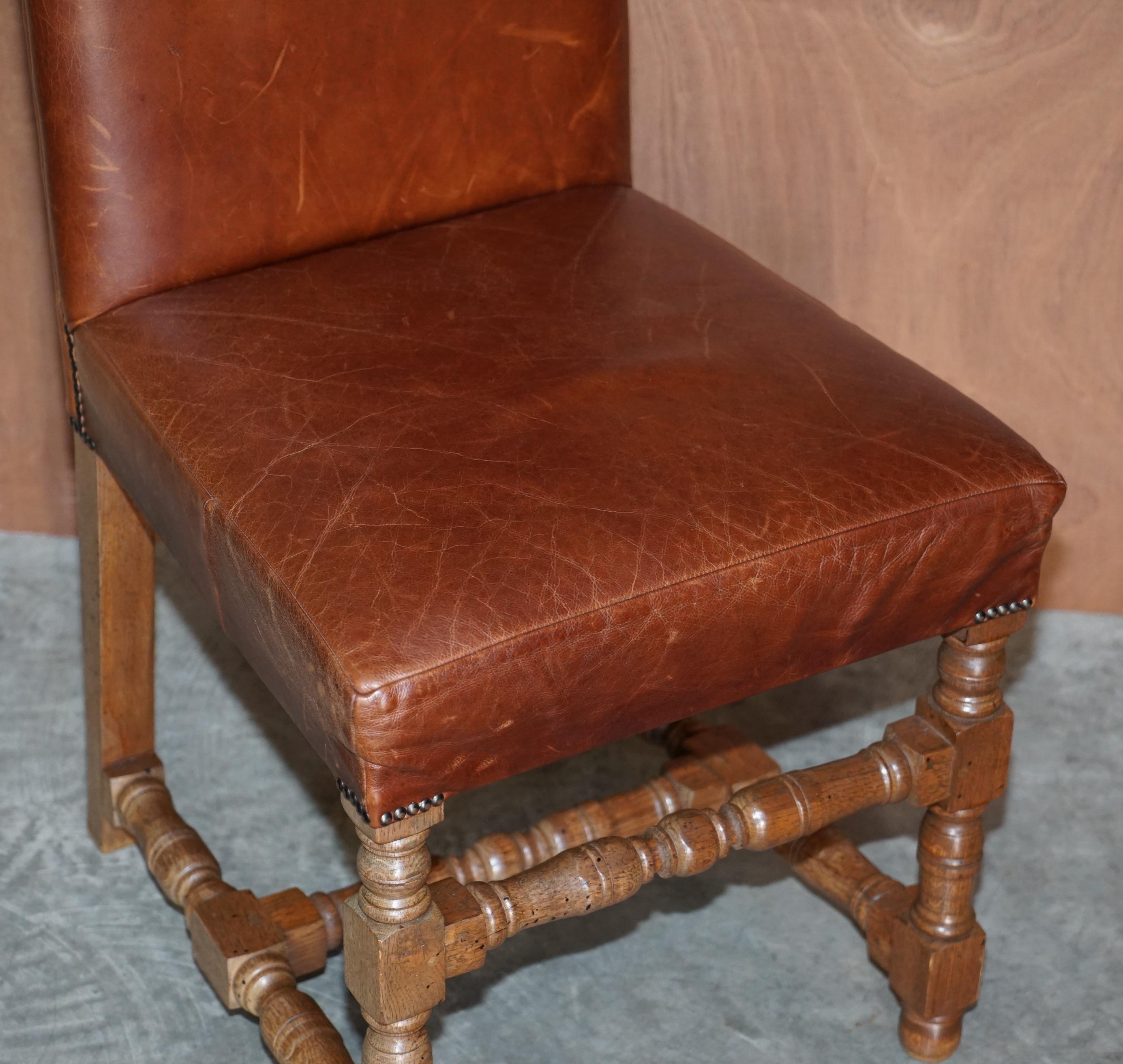 Suite of Six Antique Oak & Heritage Leather Cromwellian Dining Chairs High Backs For Sale 10