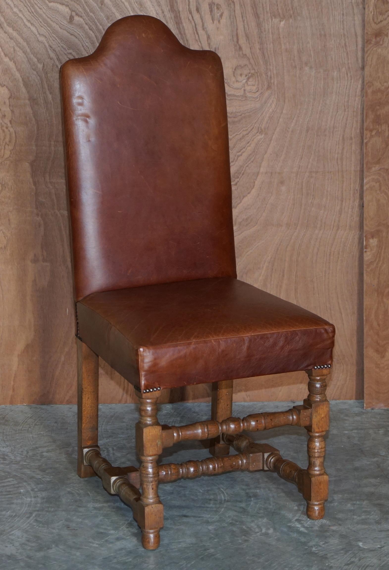 Suite of Six Antique Oak & Heritage Leather Cromwellian Dining Chairs High Backs For Sale 11
