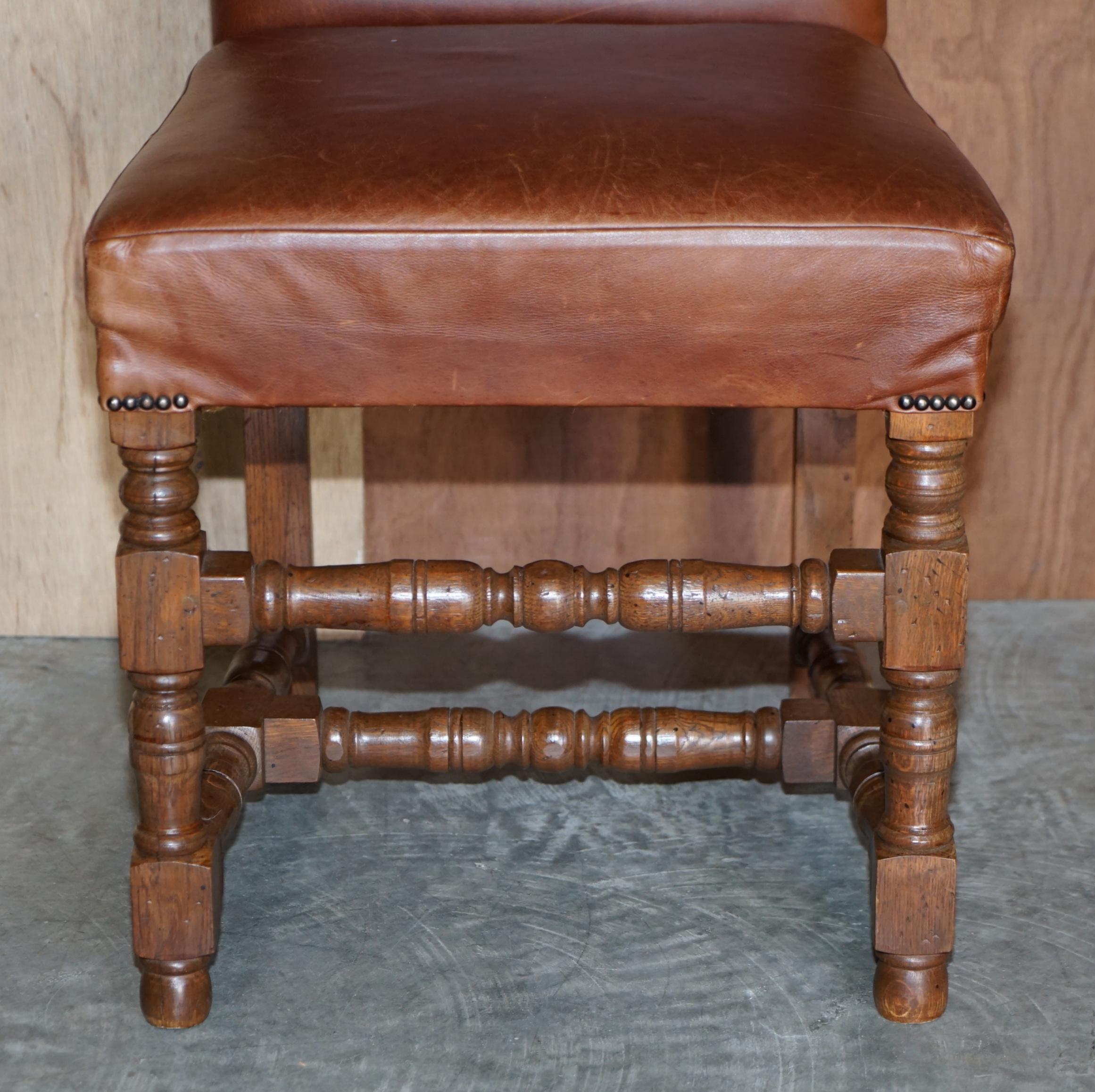 English Suite of Six Antique Oak & Heritage Leather Cromwellian Dining Chairs High Backs For Sale