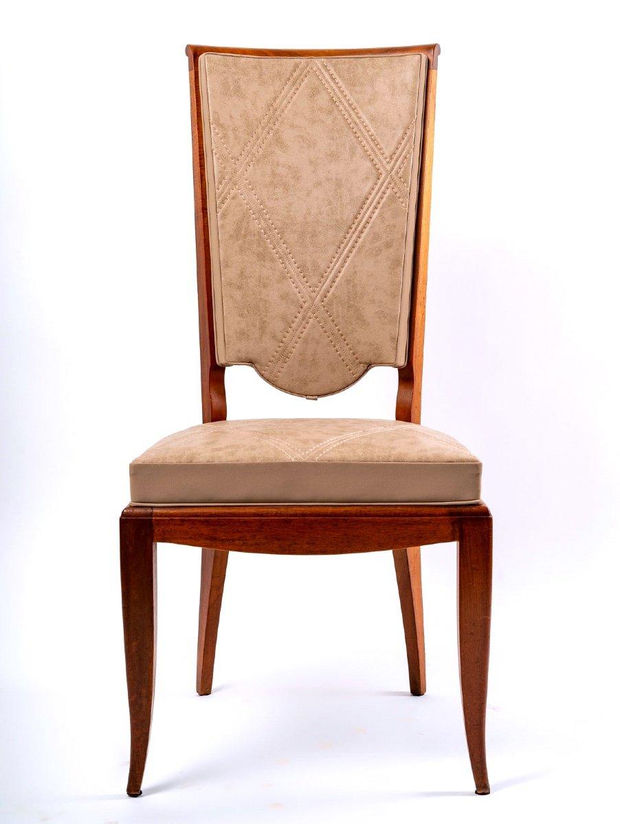 Art Deco Suite of Six Cabriolet Teak Chairs in Jules Leleu Taste, Period: 20th Century For Sale