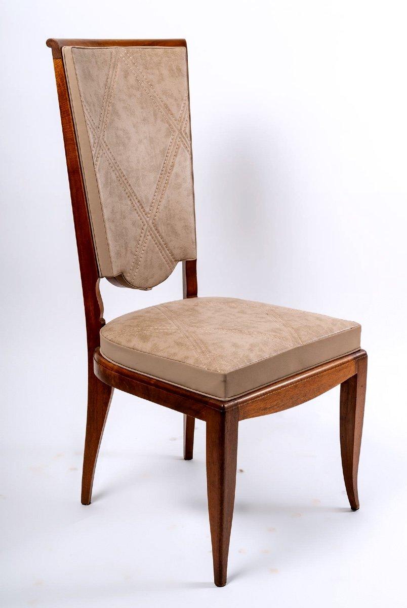 Suite aus sechs Cabriolet-Stühlen aus Teakholz im Jules Leleu-Stil - Periode: XX. Jahrhundert (20. Jahrhundert) im Angebot