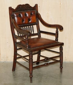 SUITE OF SIX FULLY RESTORED BROWN LEATHER ANTIQUE CHESTERFIELD DINING ARMCHAIRs
