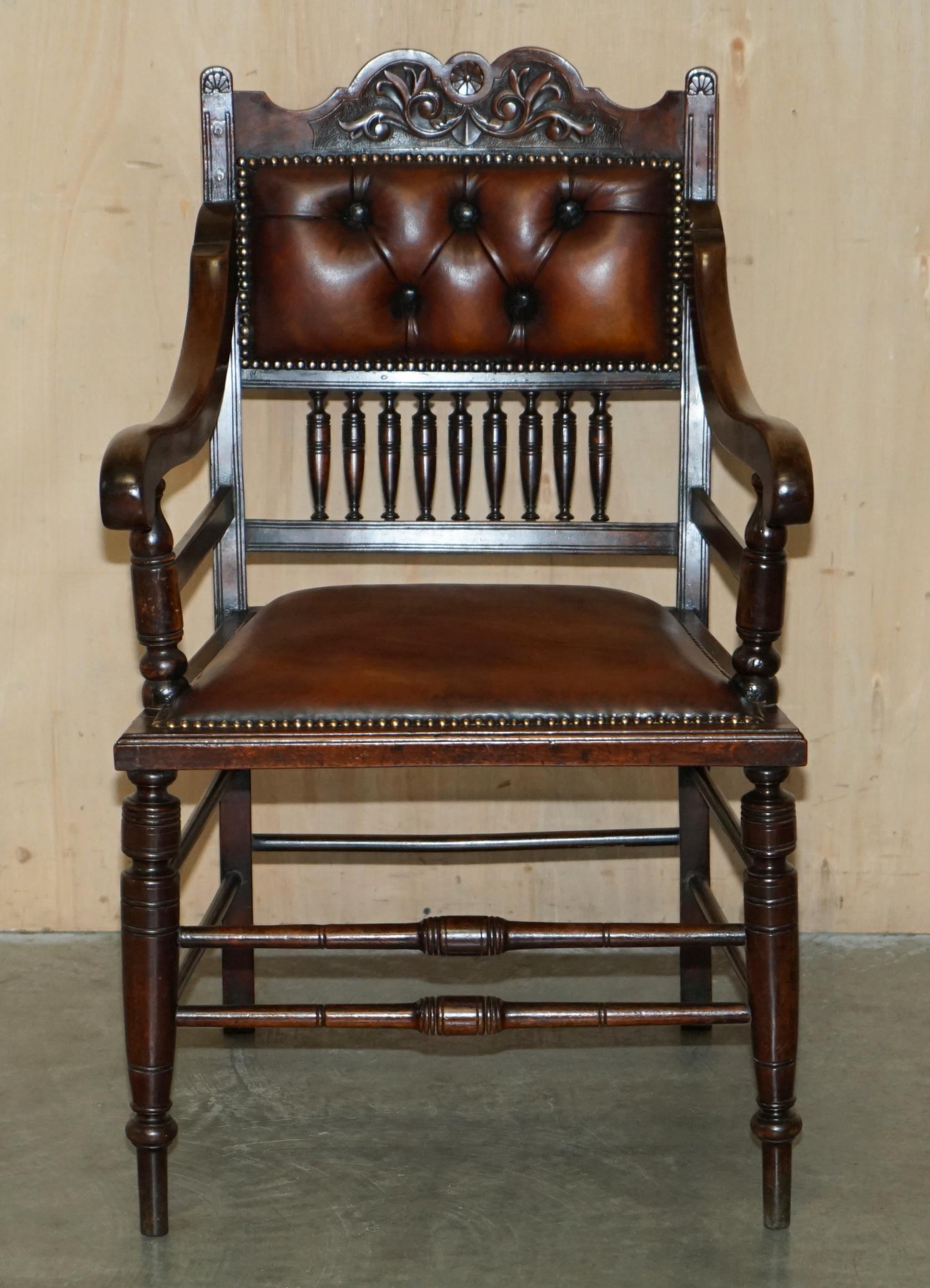Late Victorian SUITE OF SIX FULLY RESTORED BROWN LEATHER ANTIQUE CHESTERFIELD DINING ARMCHAIRs For Sale