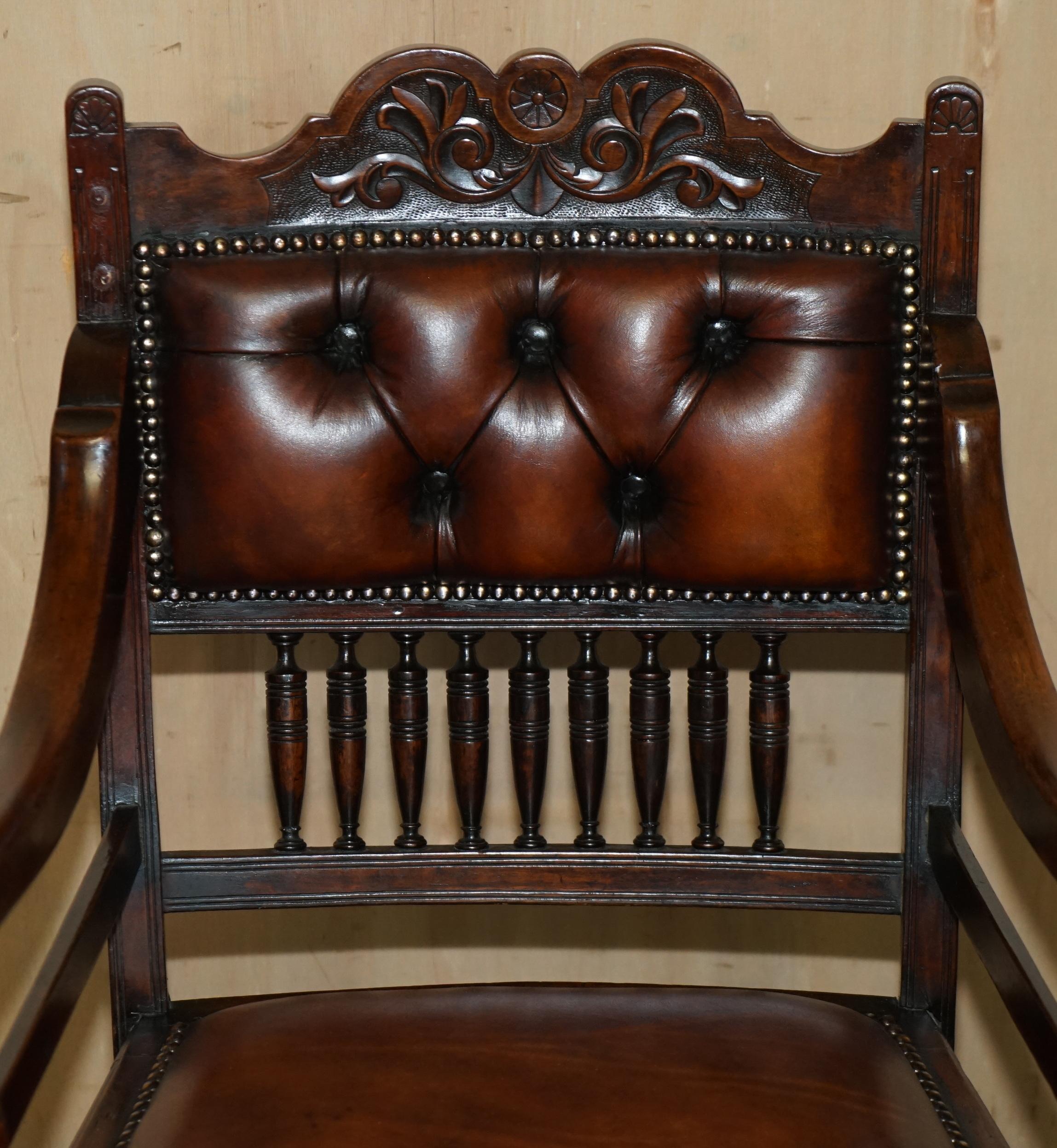 English SUITE OF SIX FULLY RESTORED BROWN LEATHER ANTIQUE CHESTERFIELD DINING ARMCHAIRs For Sale