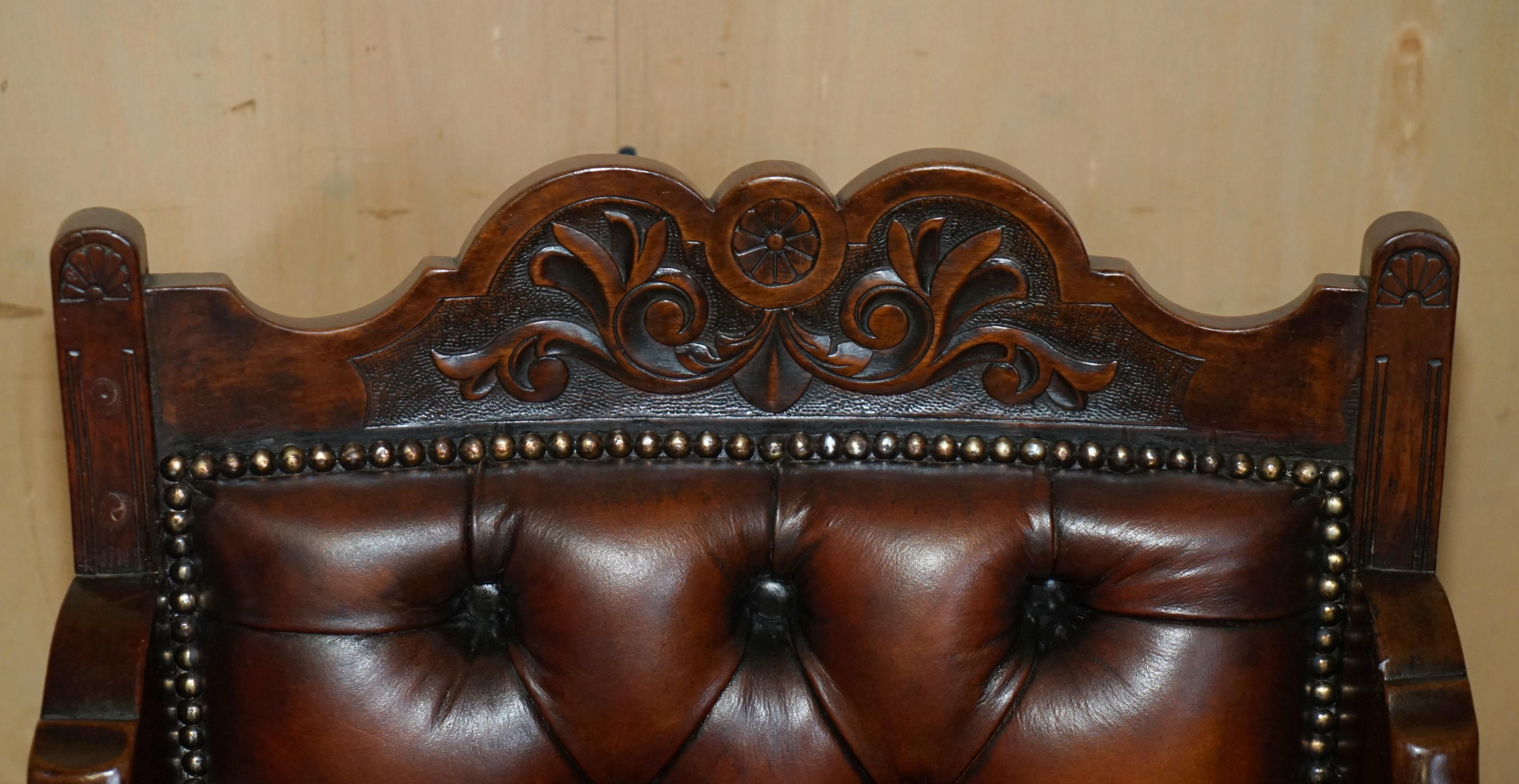 Hand-Crafted SUITE OF SIX FULLY RESTORED BROWN LEATHER ANTIQUE CHESTERFIELD DINING ARMCHAIRs For Sale