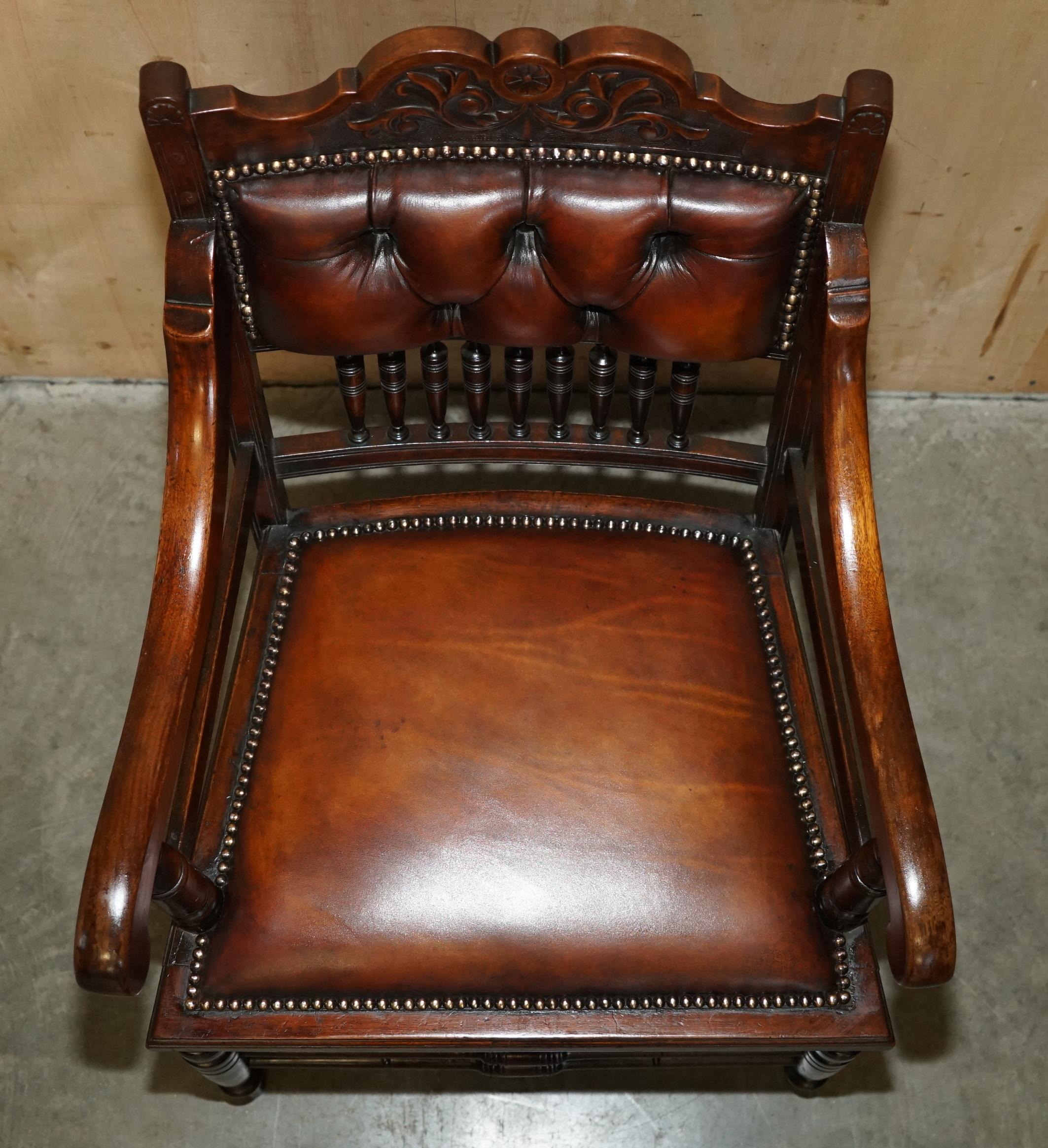 Leather SUITE OF SIX FULLY RESTORED BROWN LEATHER ANTIQUE CHESTERFIELD DINING ARMCHAIRs For Sale