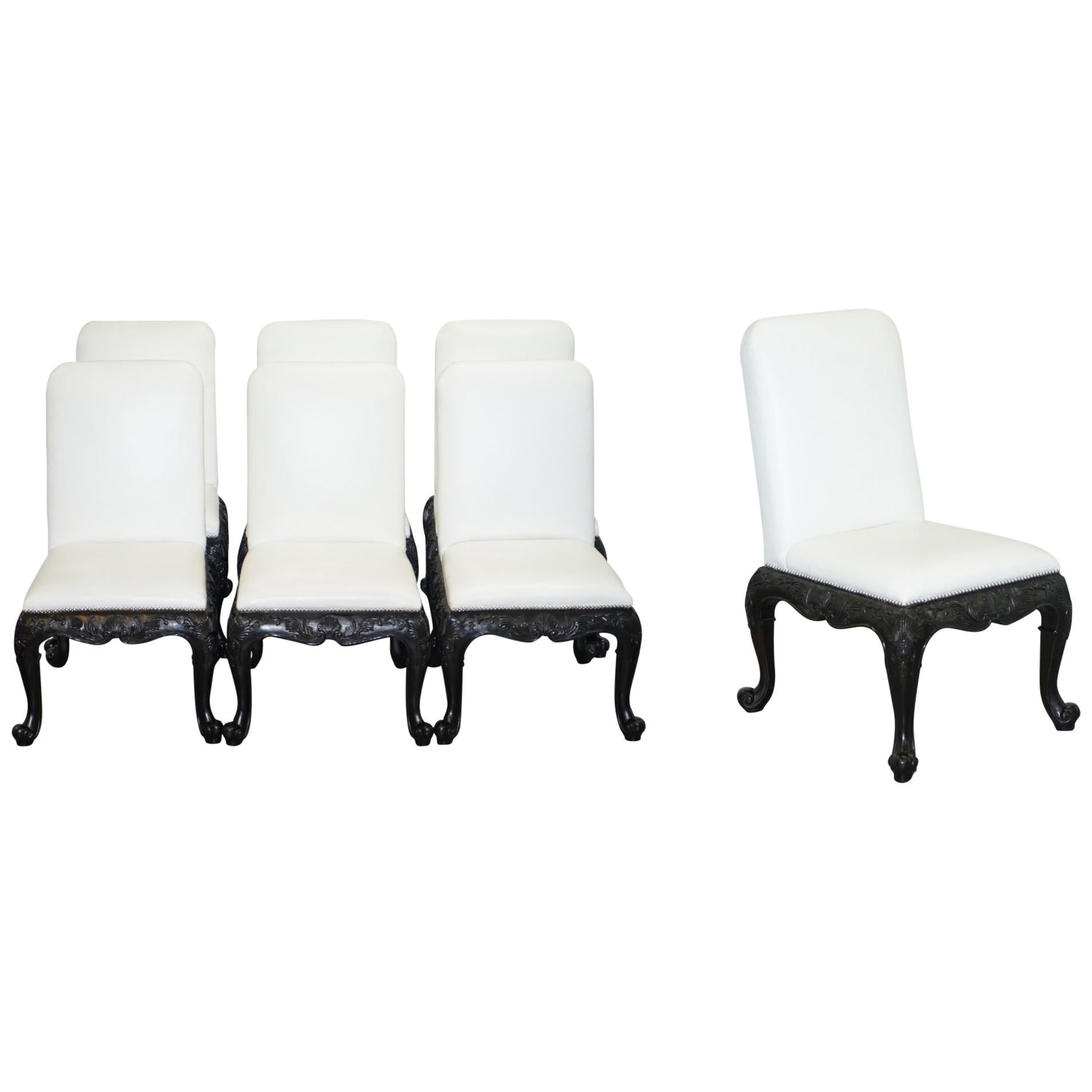 Suite of Six Ralph Lauren Bel Air White Leather Dining Chairs Carved