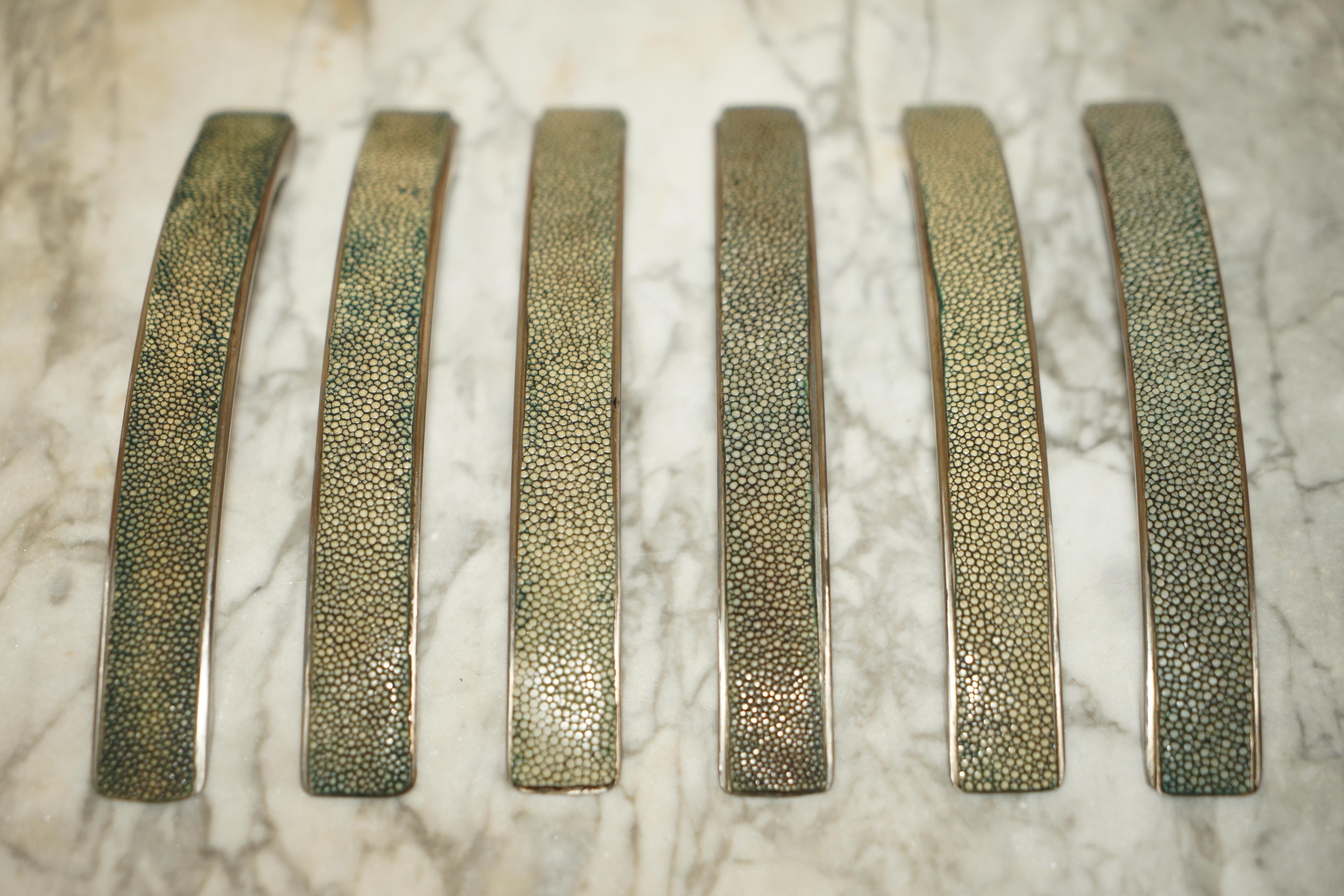 Art Deco Suite of Six Shark Manta Ray Shagreen Upholstered Contemporary Drawer Handles For Sale