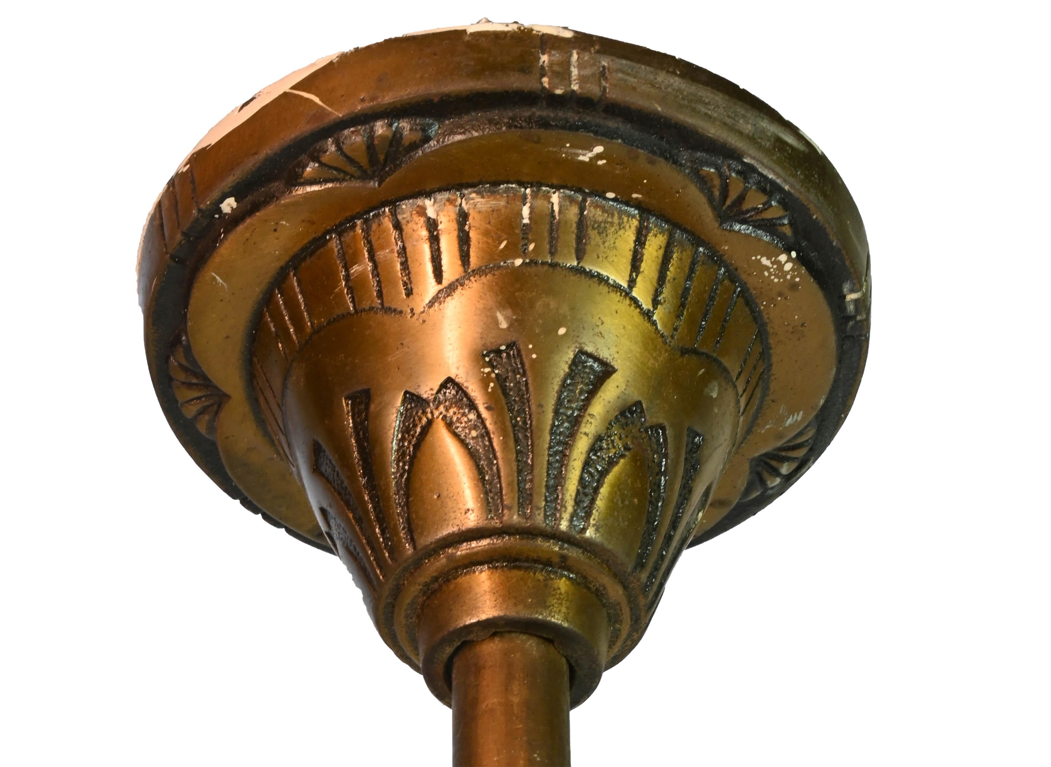 This suite of six fixtures includes:

Matching 3 shade flushmount pair
Two 3 slip shade chandeliers are just two fixture of this six piece set, one is such a hard-to-find and collectible fixture individually, but there are two available, even