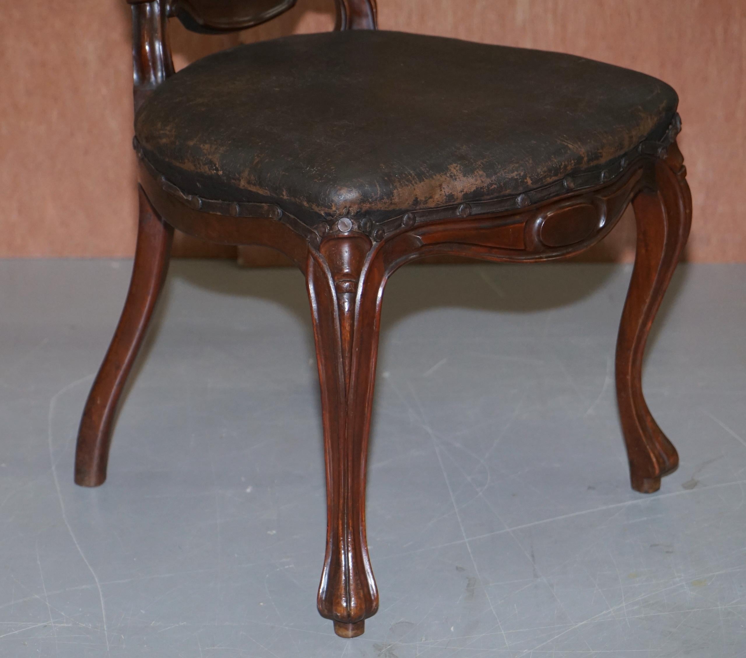 Upholstery Suite of Six Victorian Hand Carved Hardwood Spoon Medallion Back Dining Chairs 6 For Sale