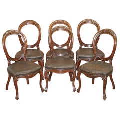 Antique Suite of Six Victorian Hand Carved Hardwood Spoon Medallion Back Dining Chairs 6
